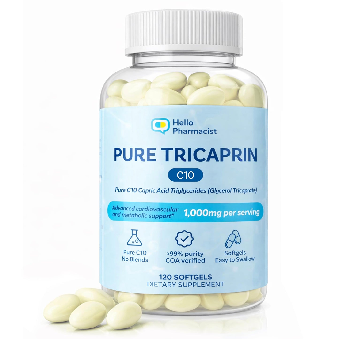 HelloPharmacist 100% Pure Tricaprin C10 MCT Oil Softgels, 120 Count