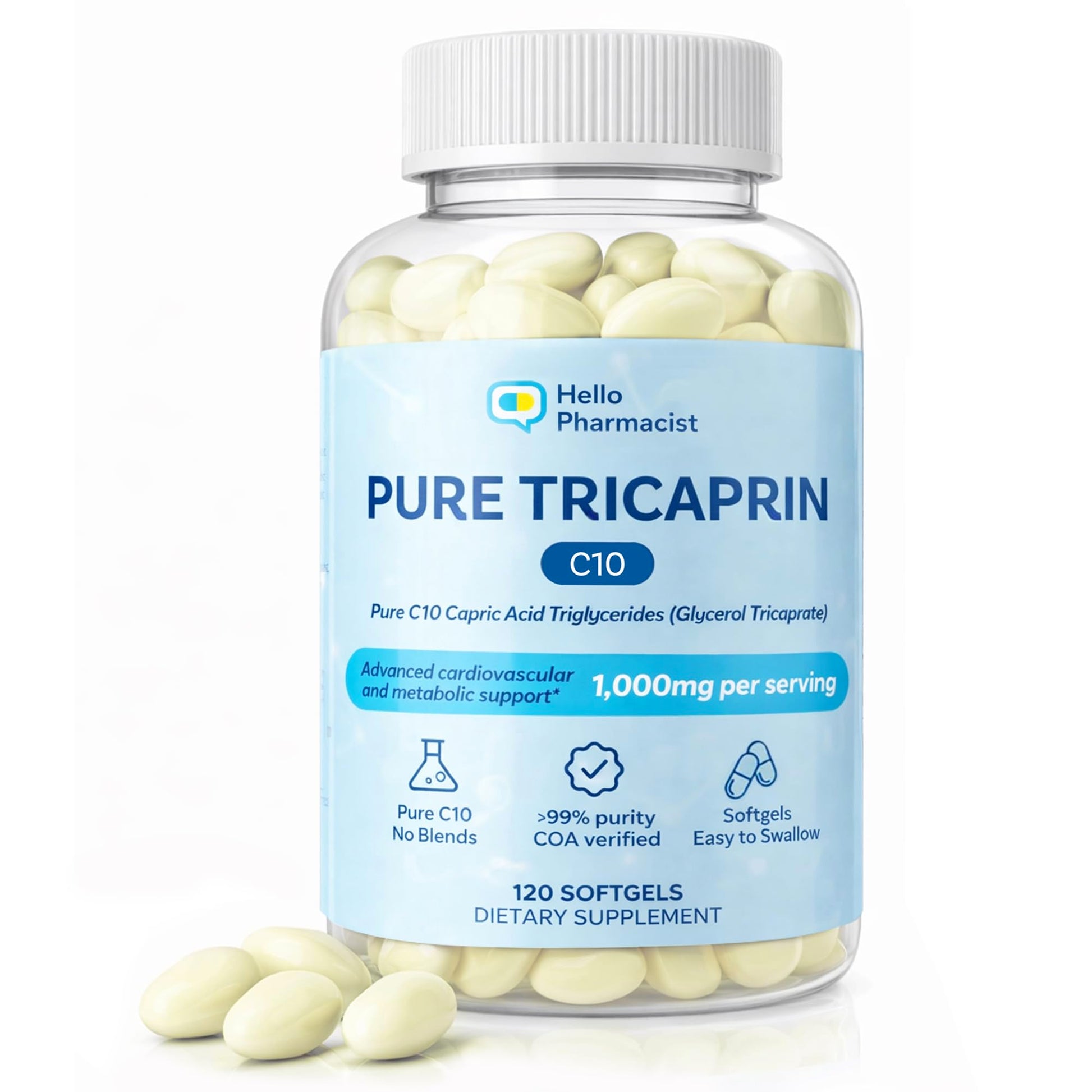 HelloPharmacist 100% Pure Tricaprin C10 MCT Oil Softgels, 120 Count