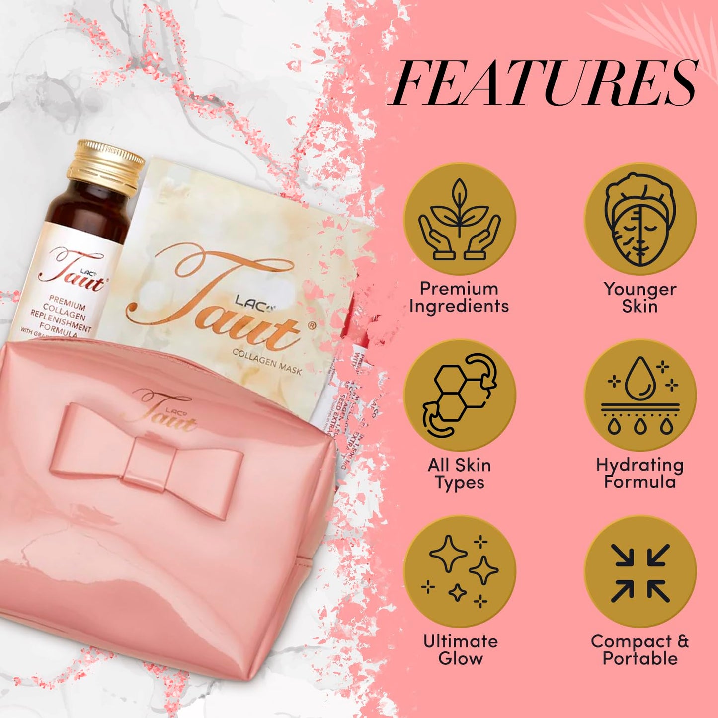TAUT Marine Collagen Drink 13,000mg Anti-Aging Formula with Collagen Face Mask and 3 Powder Sachets, 1 Bundle