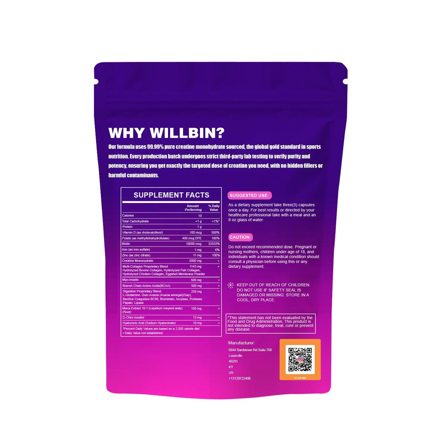 Willbin Creatine Monohydrate Gummies Strawberry Flavor 6.35 oz
