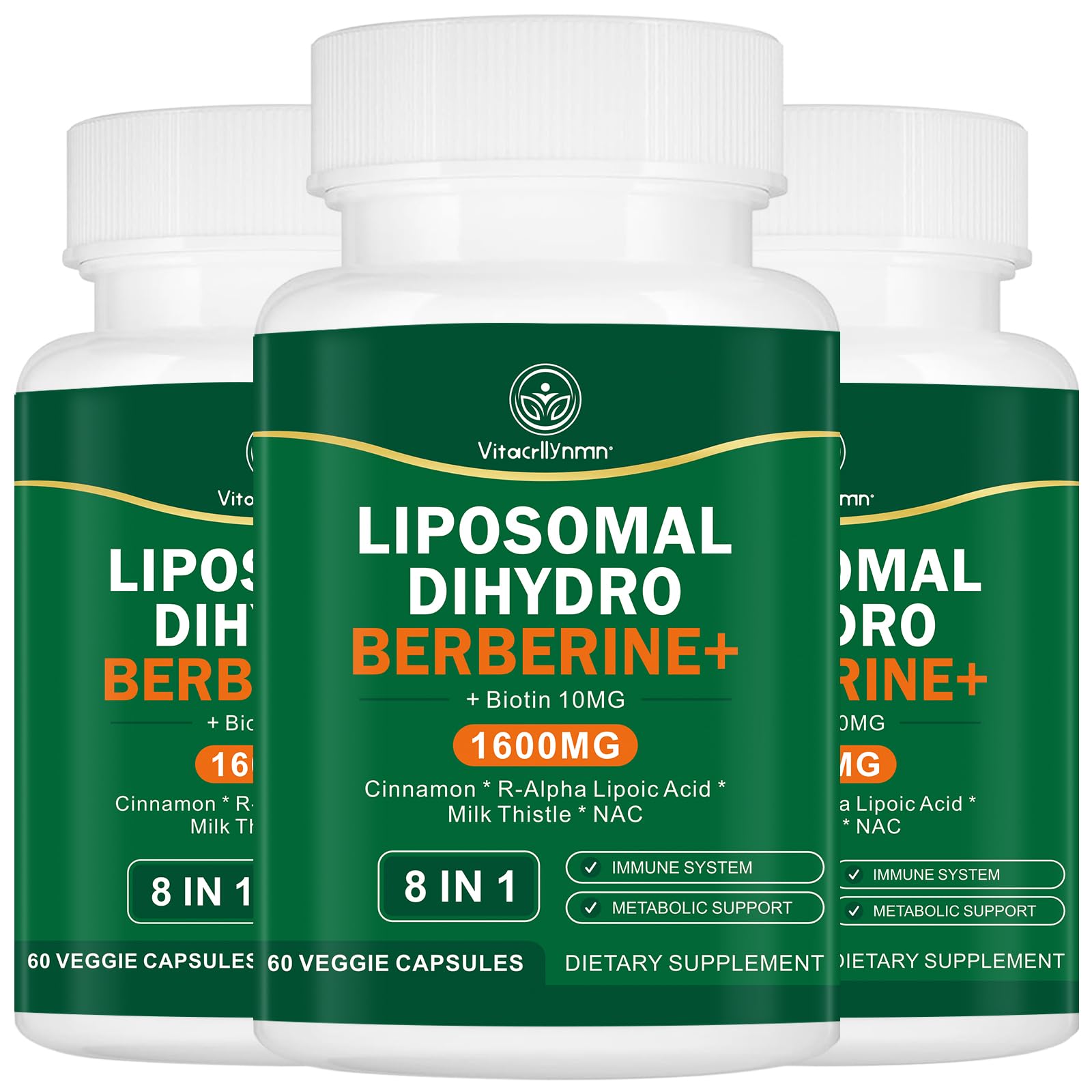 VITACRLLYNMN Dihydroberberine Supplement 1600MG Super Berberine and Dihydroberberine with Cinnamon 8 in 1 Supplement 180 Capsules