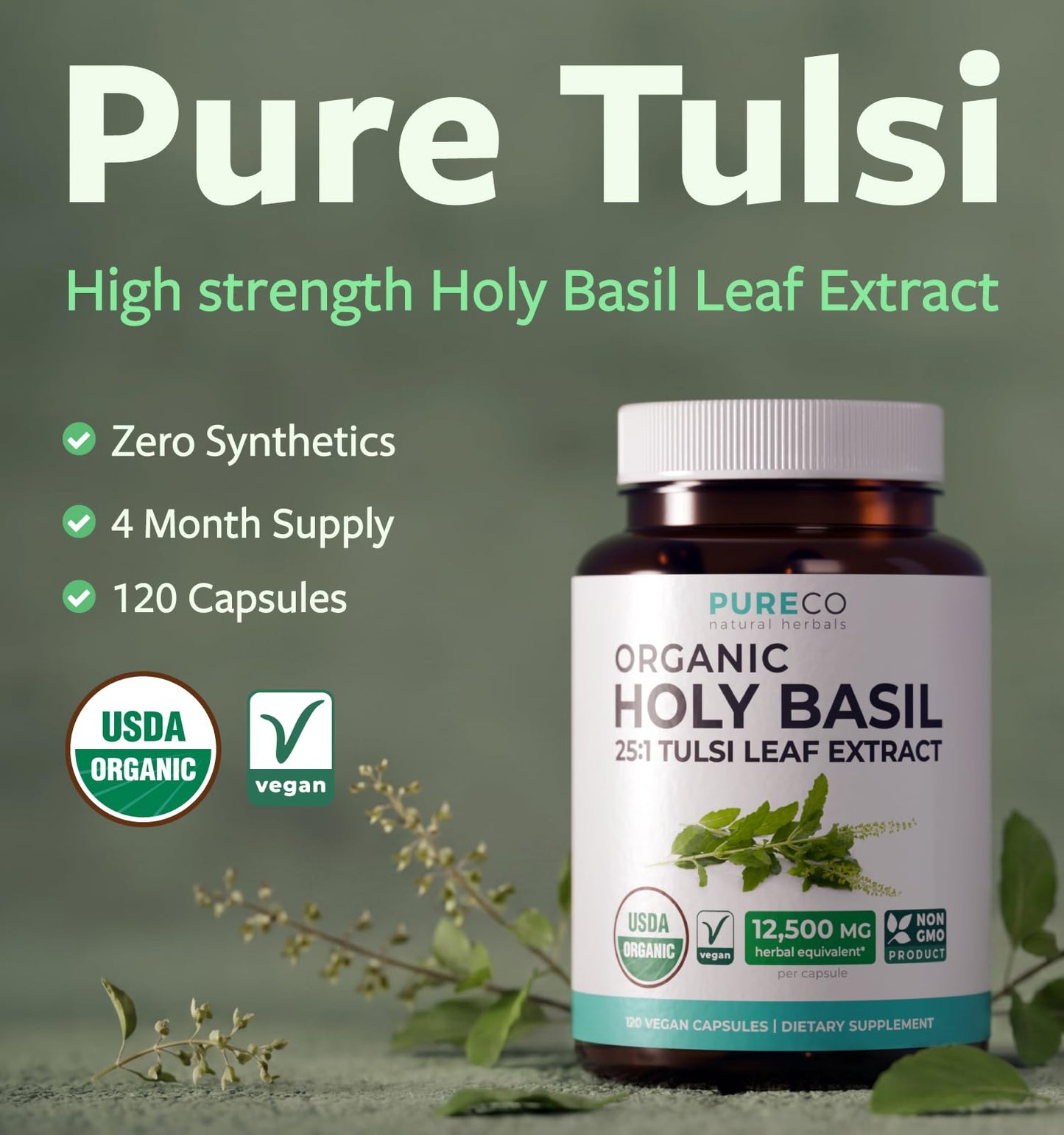 PURE CO Holy Basil Supplement Capsule 120 Count