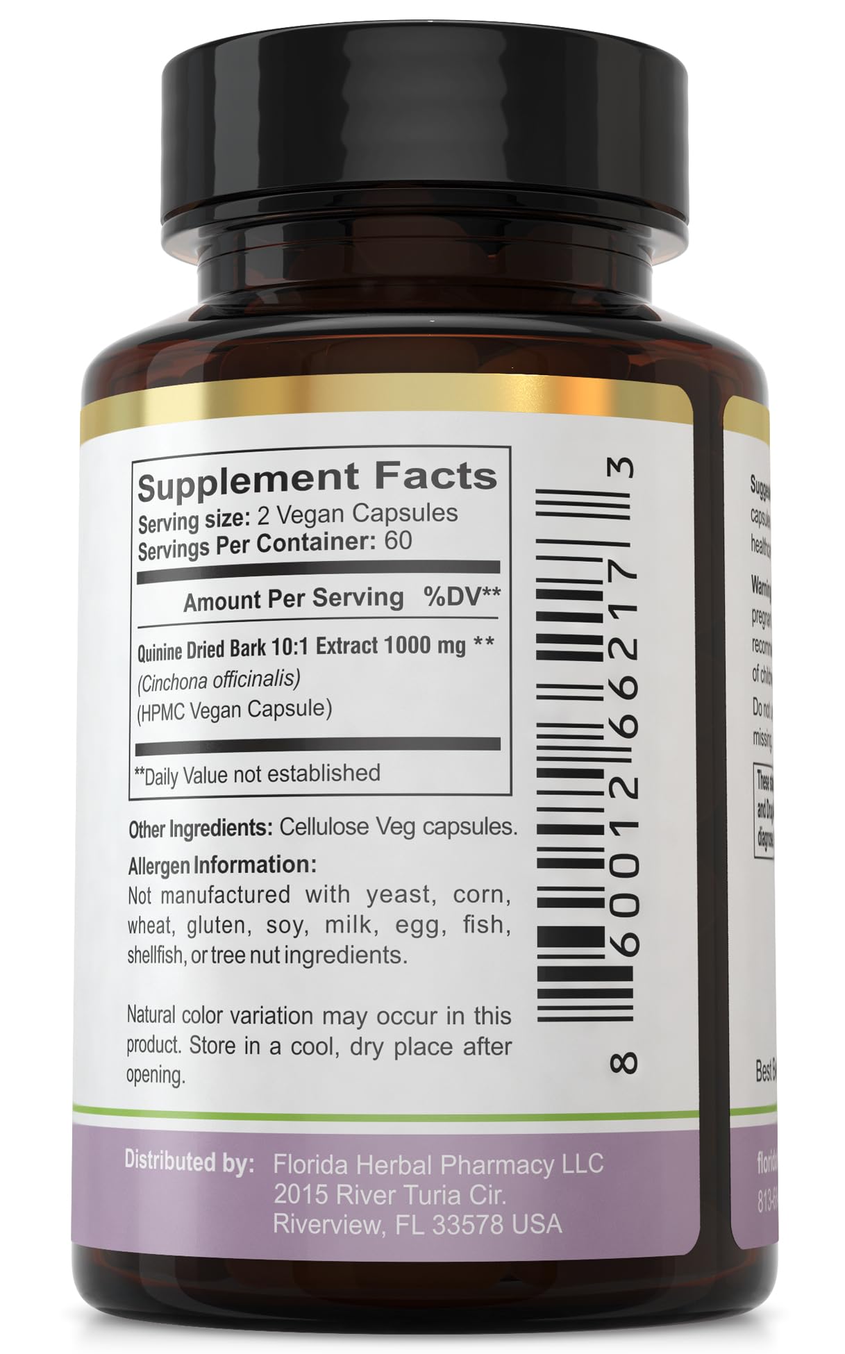 Florida Herbal Pharmacy Quinine Cinchona Dried Bark Extract Supplement Capsules 120 Count