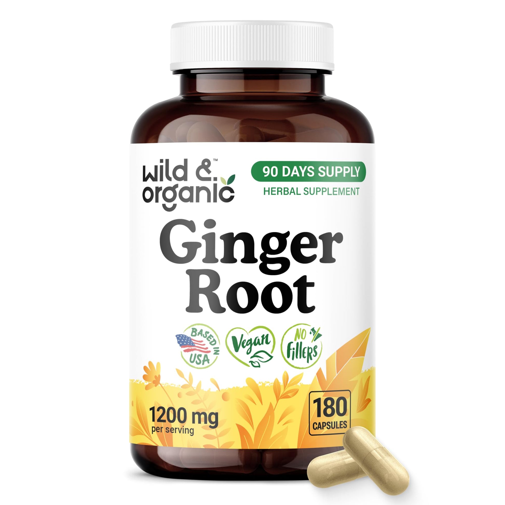 Wild & Organic Ginger Root Capsules 1200 mg - Immune & Digestive Support - 180 Count