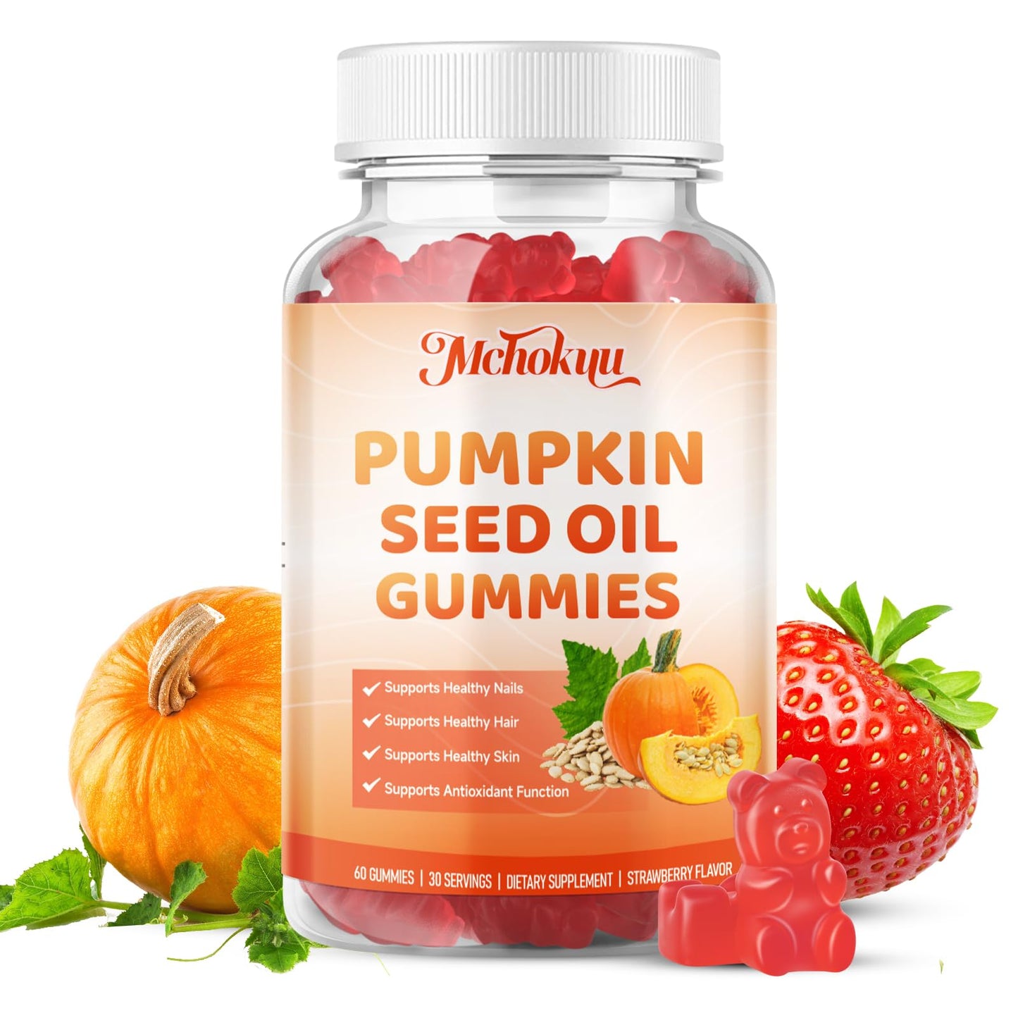 Mchokuu Pumpkin Seed Oil Supplement Gummies with Saw Palmetto for Hair Growth & Skin Health Support, High Pure Extract for Women & Men Extra Strength Pumpkin Seed, Strawberry Flavor, 60 Count