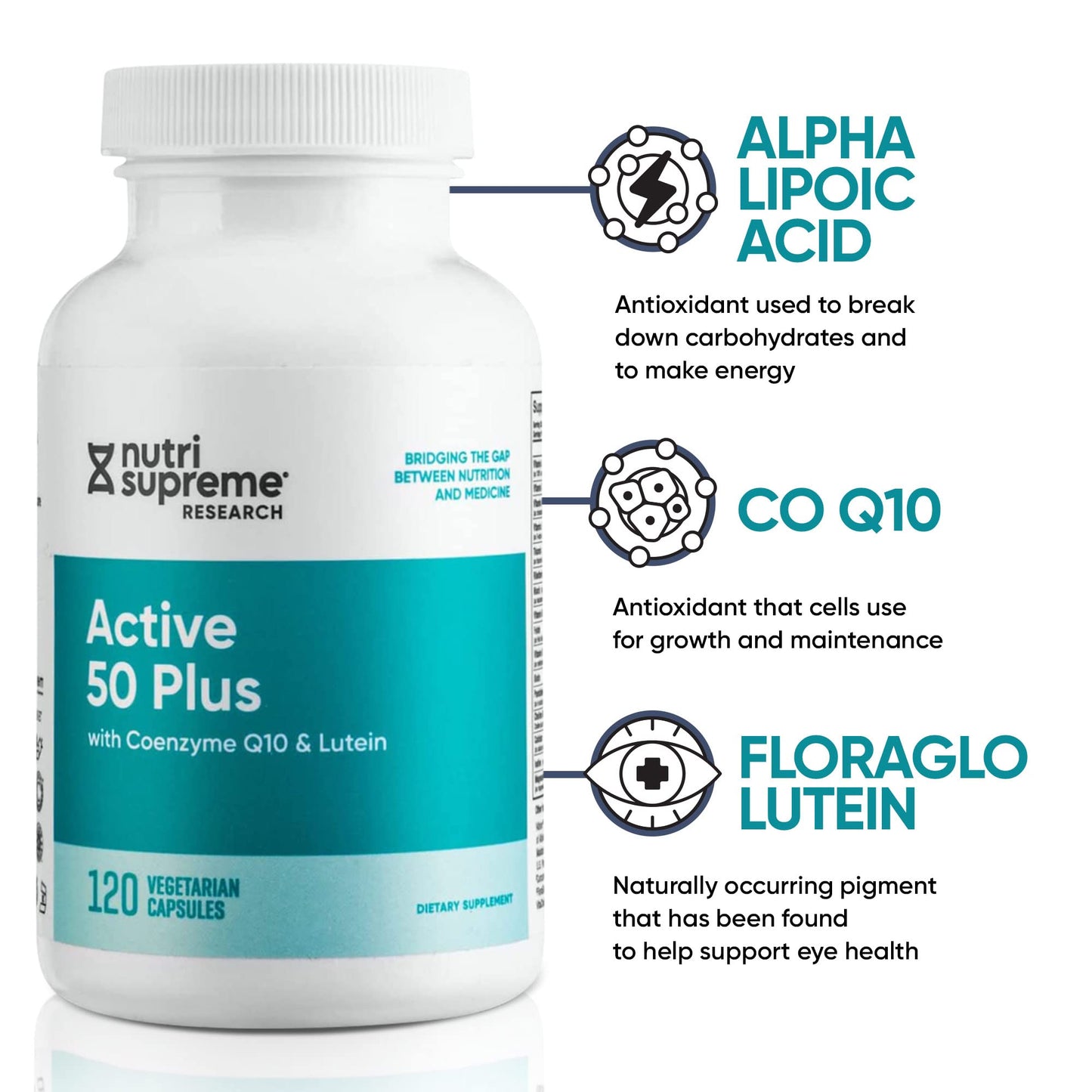 Nutri-Supreme Research Active 50 Plus CoQ10 Lutein ALA Turmeric Capsules, 120 Count