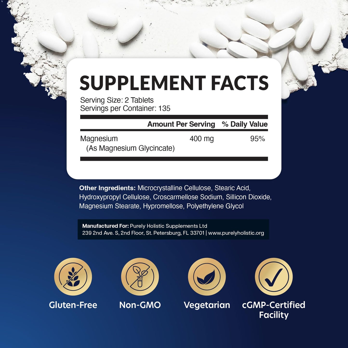 Purely Holistic Magnesium Glycinate 400mg Tablets 270