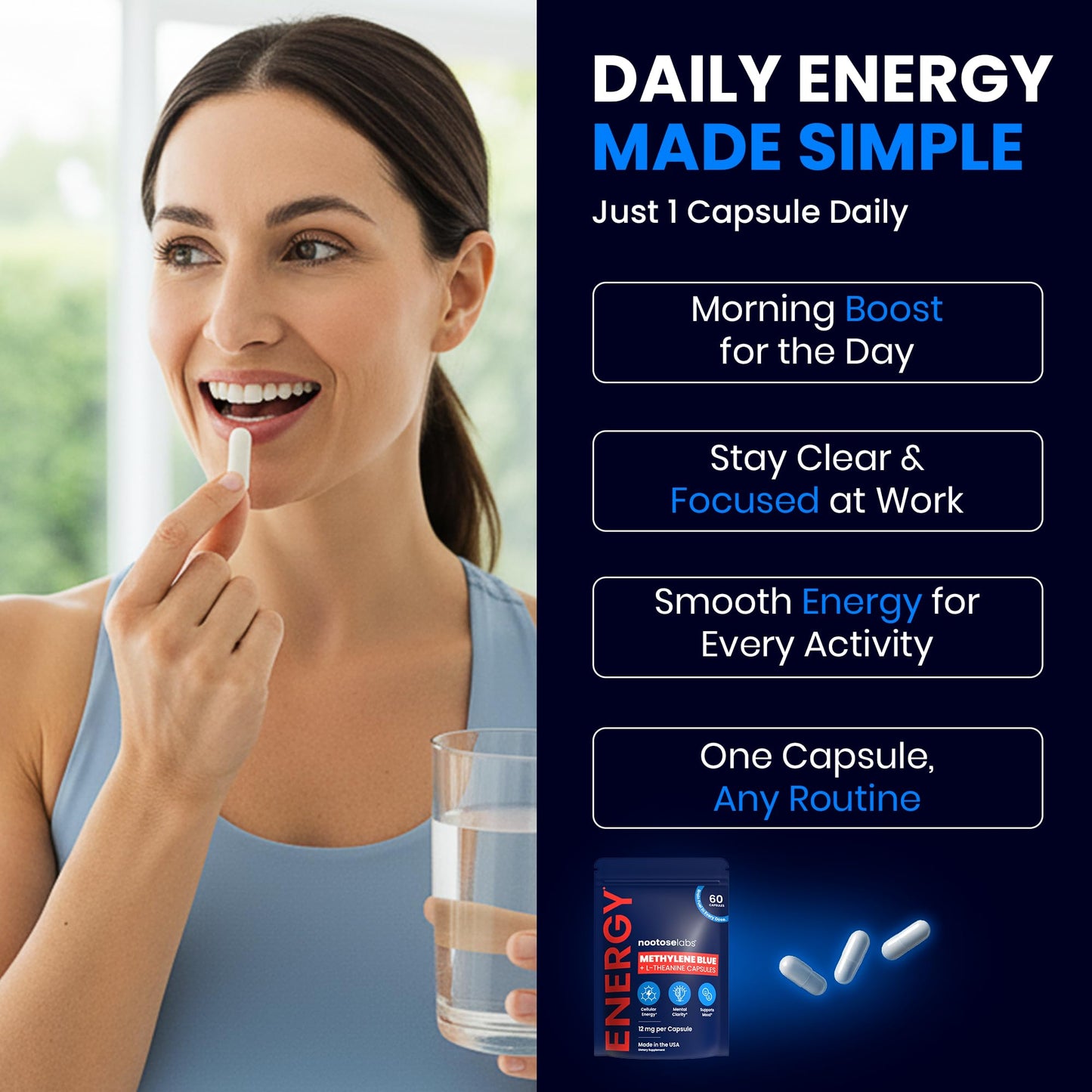 Nootose Labs Methylene Blue Capsules – Pharmaceutical Grade with 200mg L-Theanine – Mental Clarity & Focus, 60 Capsules