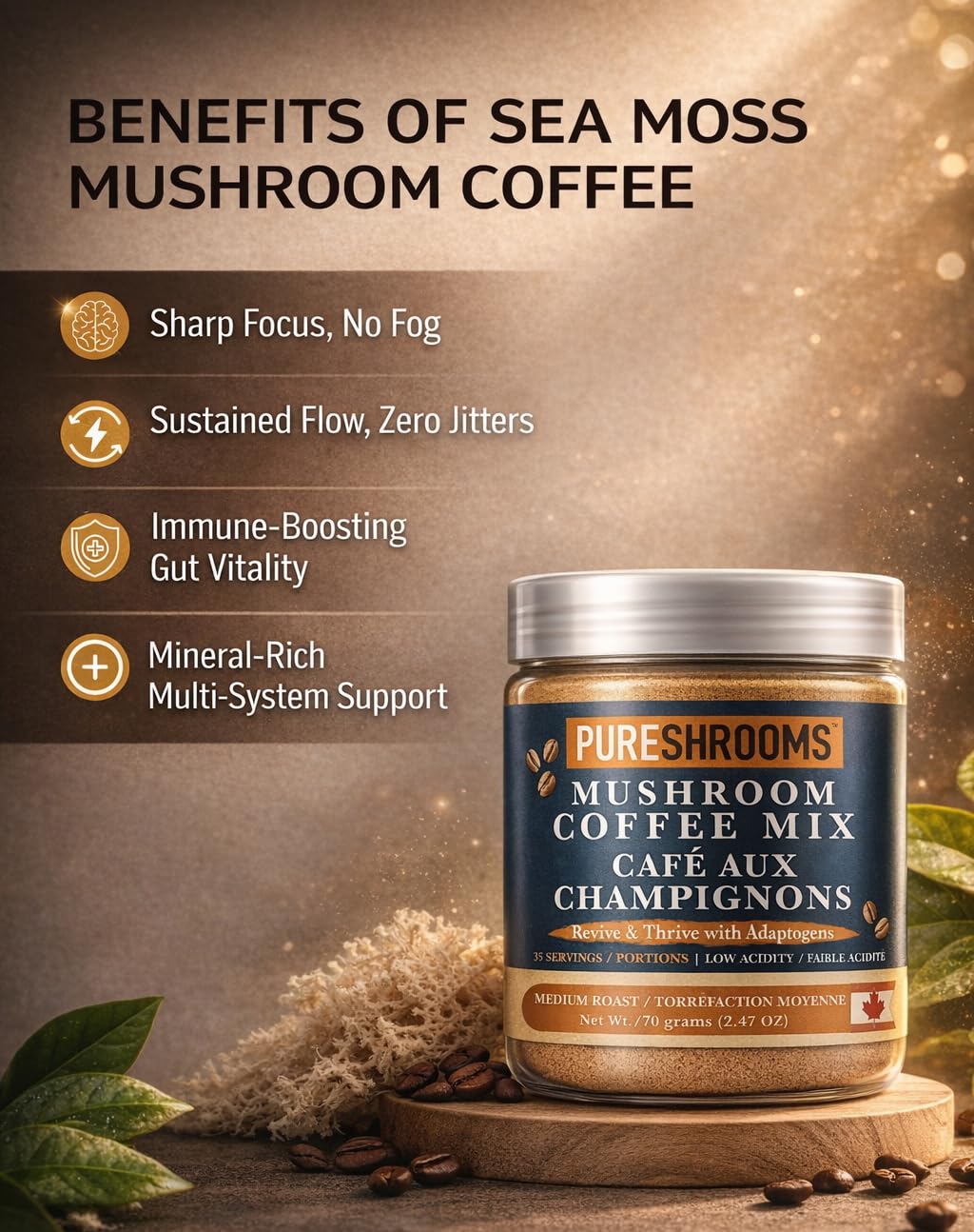 PureShrooms Sea Moss Instant Mushroom Coffee Powder 70g (2.47oz)