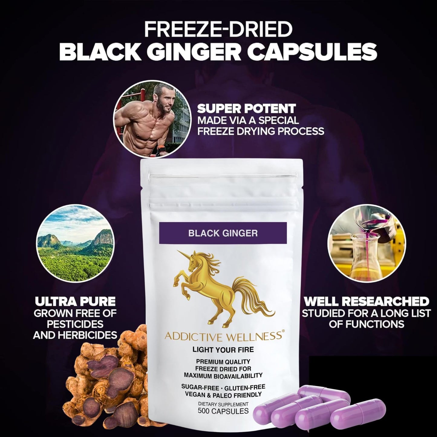 Addictive Wellness Black Ginger Capsules 500 Count