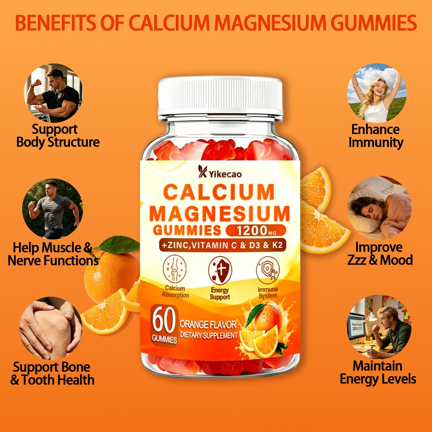 Yikecao Calcium Magnesium Zinc Gummies with Vitamin D3 K2, 60 Gummies
