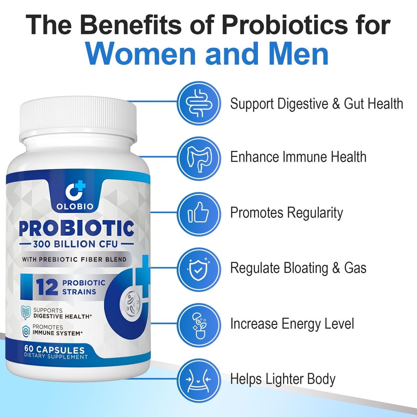 OLOBIO 300 Billion CFU Probiotic, 12 Strains with 3 Organic Prebiotics, 120 Capsules