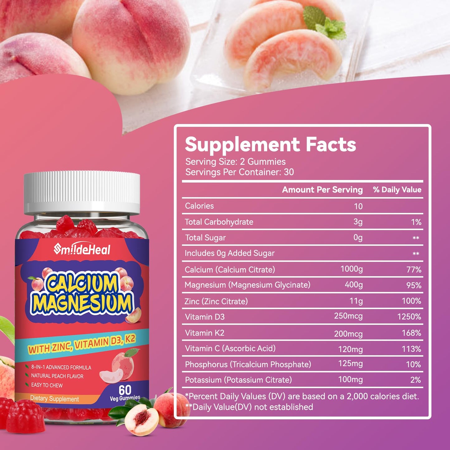SmildeHeal Calcium Magnesium Zinc Gummies with Vitamin D3 - High Absorption Complex Calcium Supplement, Vegan, 120 Gummies