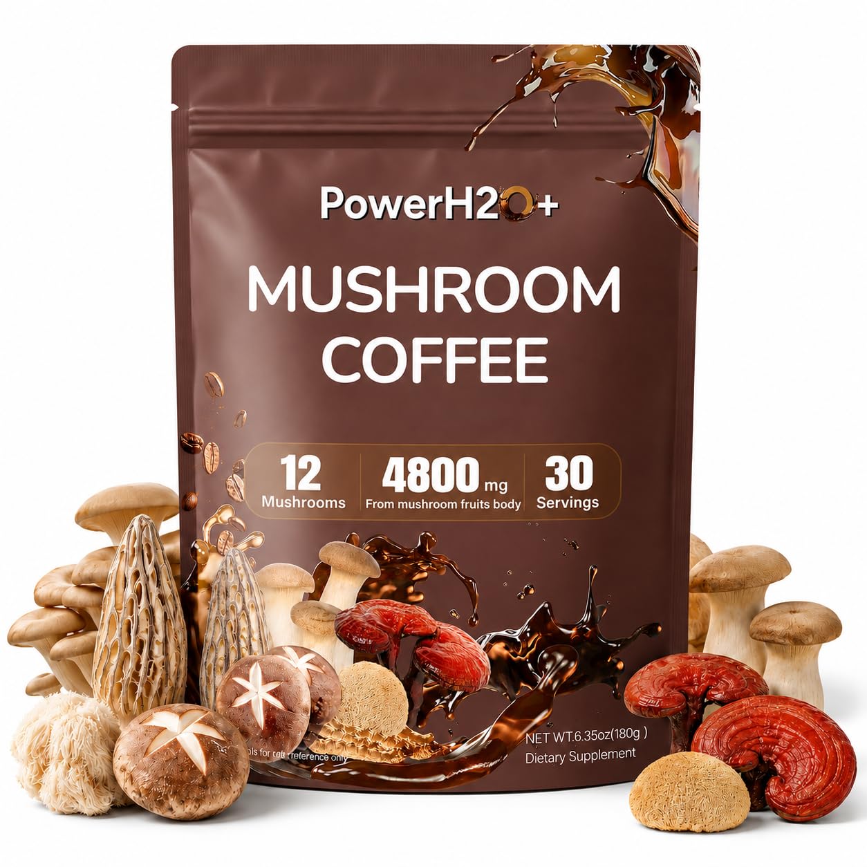 PowerH2O+ Mushroom Coffee 12 in 1 with 4800mg Lion's Mane, Reishi, Chaga, Cordyceps, Turkey Tail for Energy, Focus, Positive Mood & Immune Support Powder, 6.35 Ounce