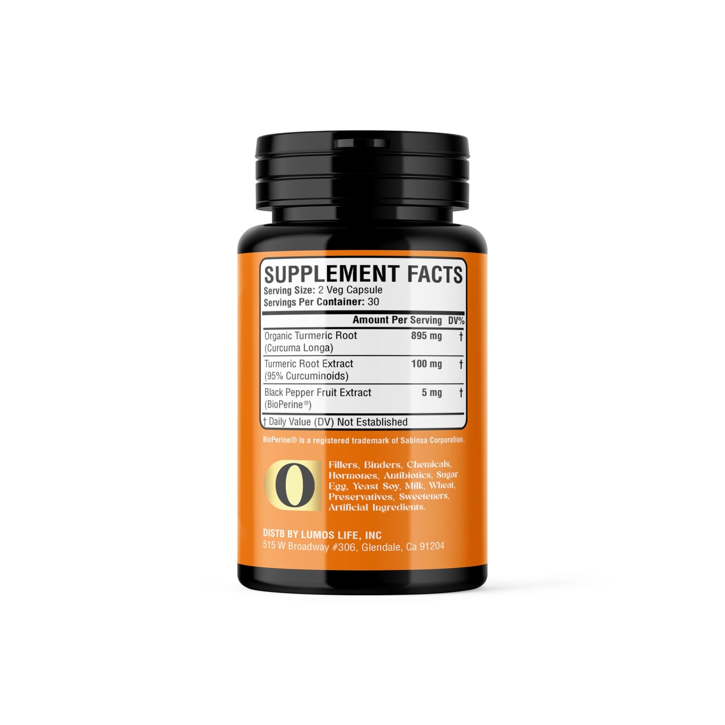 Lumos Life Organic Turmeric Curcumin 1000 mg with 95% Curcuminoids & 10 mg Bioperine Capsules, 60 Count