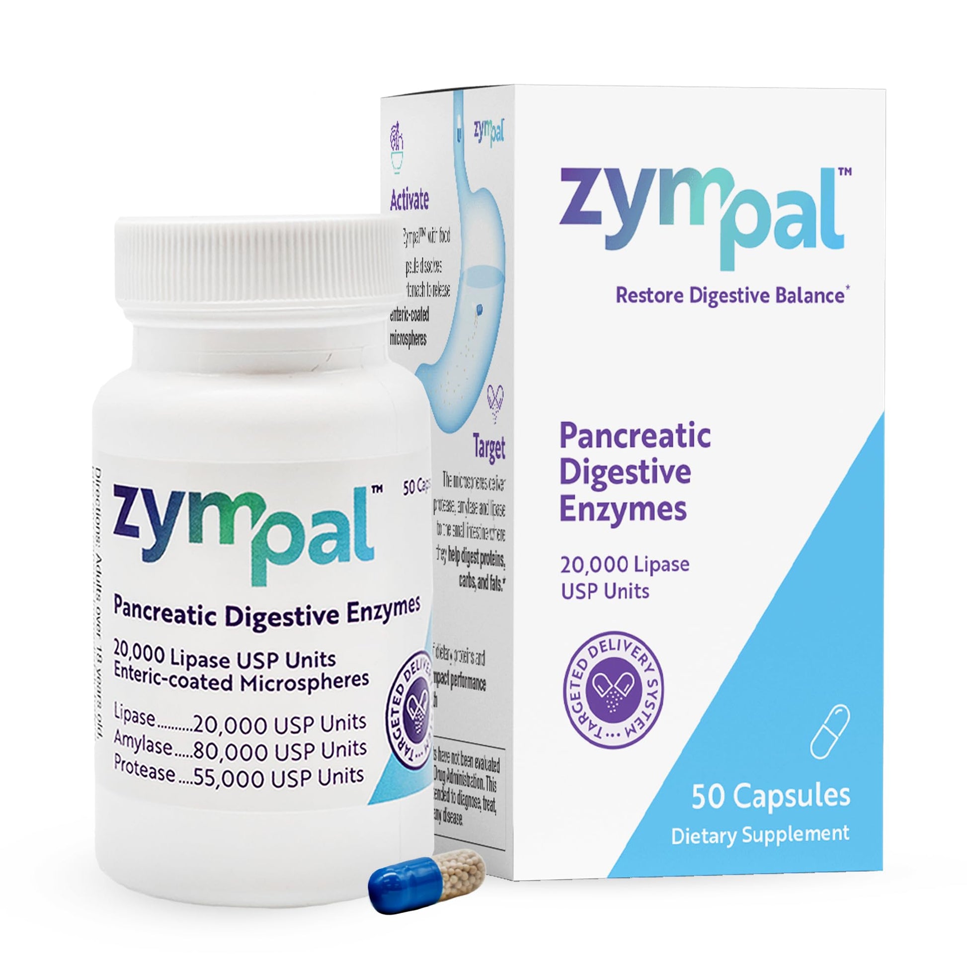 ZYMPAL Digestive Enzymes 20,000 Lipase USP Units - Digestive Health Support Capsules, 50 Capsules