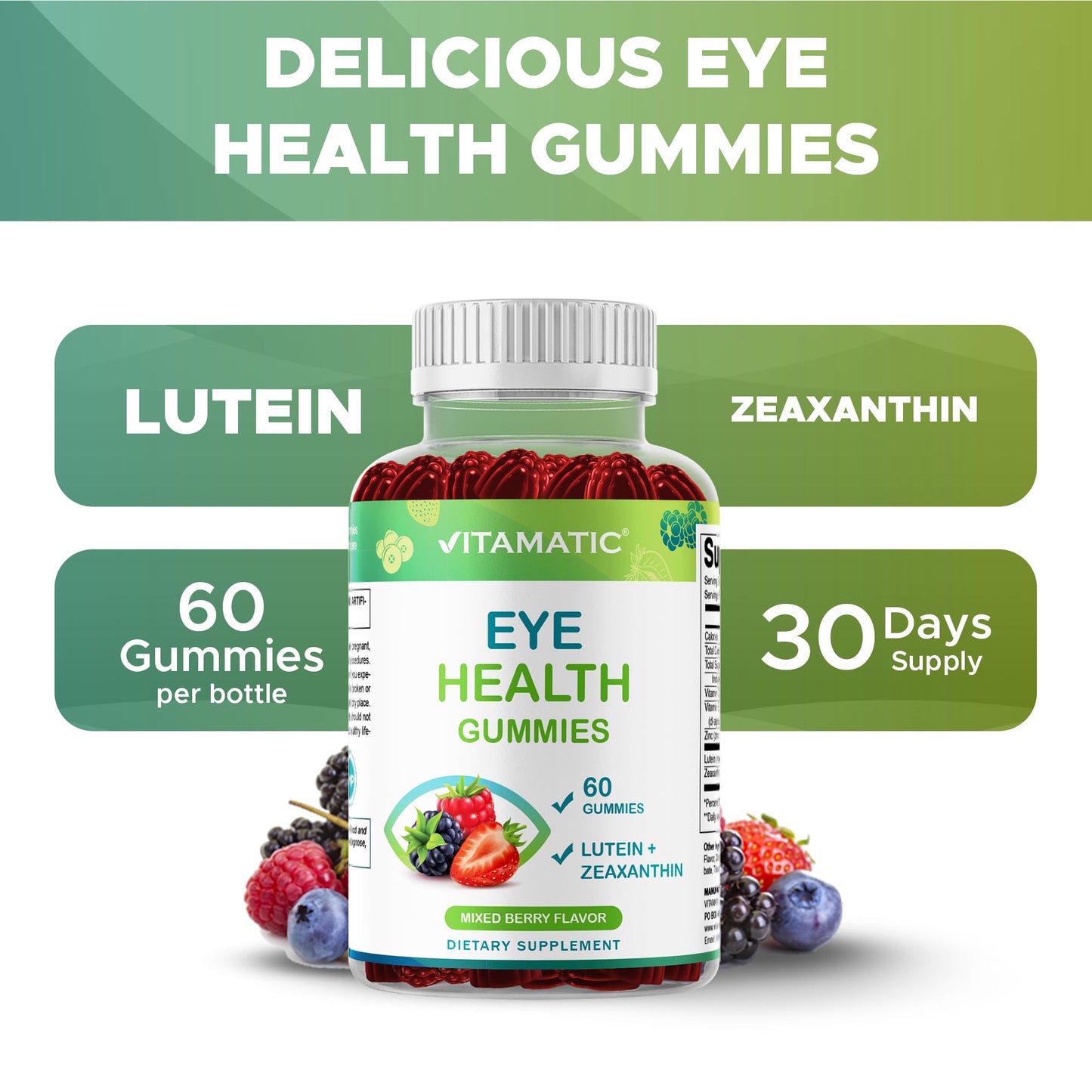 Vitamatic Eye Health Gummies with Lutein, Zeaxanthin, Vitamin C, E & Zinc – Mixed Berry Flavor, 60 Gummies