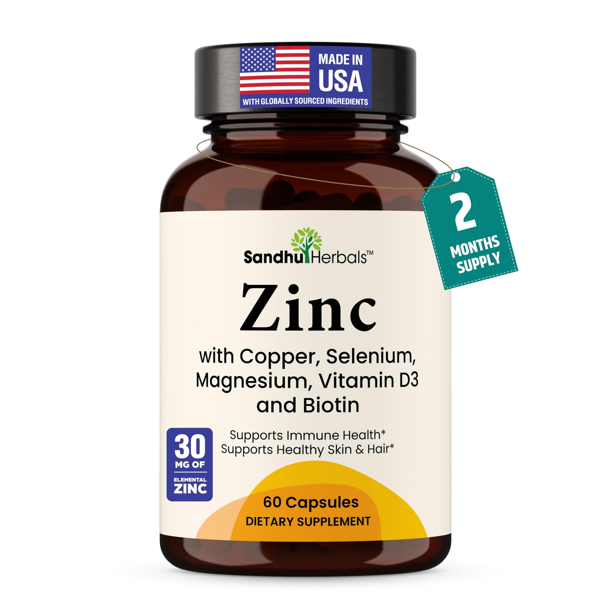 SANDHUHERBALS Zinc 30mg with Copper, Selenium & Vitamin D3, Absorbable Chelated Zinc Capsules, 60 Count