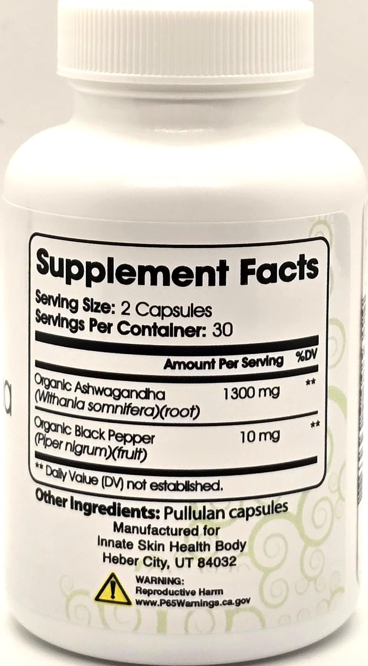 Innate Skin Ashwagandha Extra Strength 1300mg Stress & Mood Support with Organic Black Pepper Extract, 60 Vegetarian Capsules