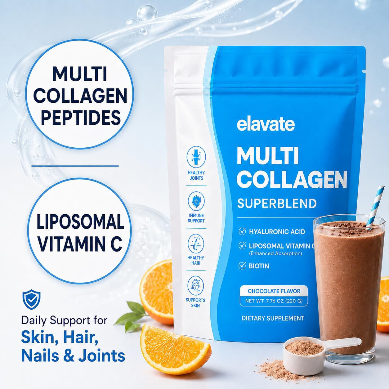 elavate Elevate Collagen for Women – Collagen Peptides Powder for Women – Skin, Hair, Nails & Joint Support – Multi Collagen Powder with Hyaluronic Acid, Biotin & Vitamin C – Non-GMO, Sugar Free, 1 Pack