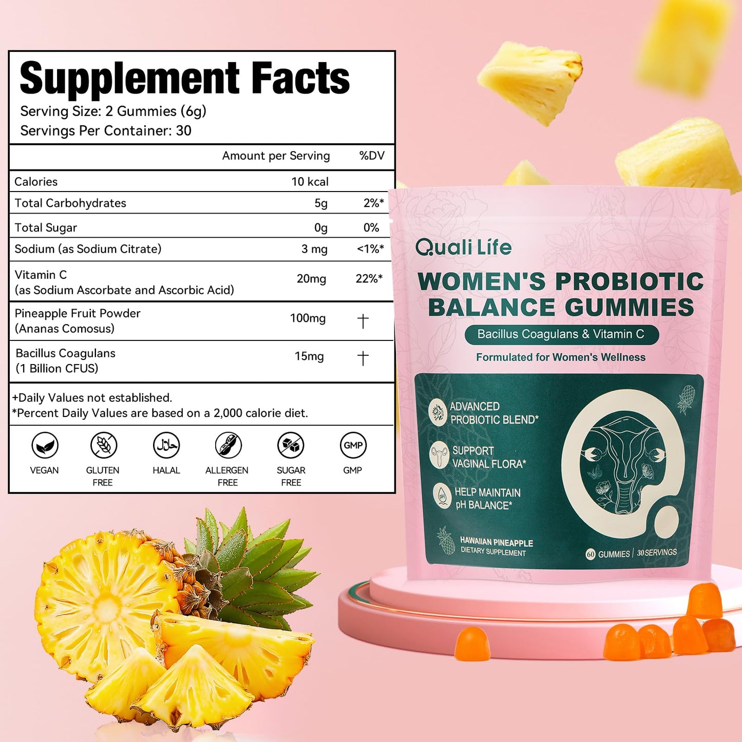 QualiLife Premium Feminine Balance Gummies for Women – Probiotic Vaginal Health Support with Vitamin C – pH Balance & Flora Support – Sugar Free, Vegan, Hawaiian Pineapple Flavor – 60 Gummies