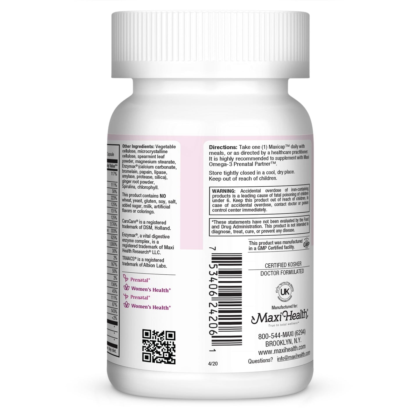Maxi Health Prenatal Vitamins for Women One a Day Pregnancy Multivitamin with Folic Acid, Iron, Vitamin D3, B12, Zinc & Biotin Capsule 60 Count