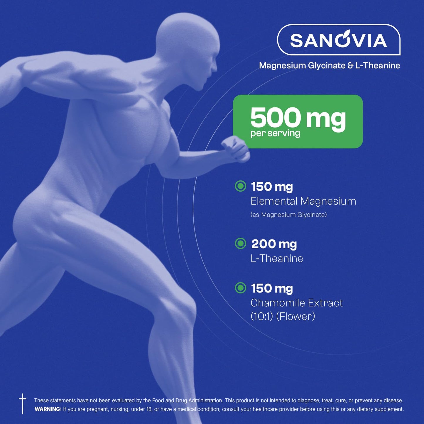 SANOVIA Magnesium Glycinate with L-Theanine 200mg & Chamomile 10:1 Sleep & Calm Support, 150mg Magnesium, 60 Capsules