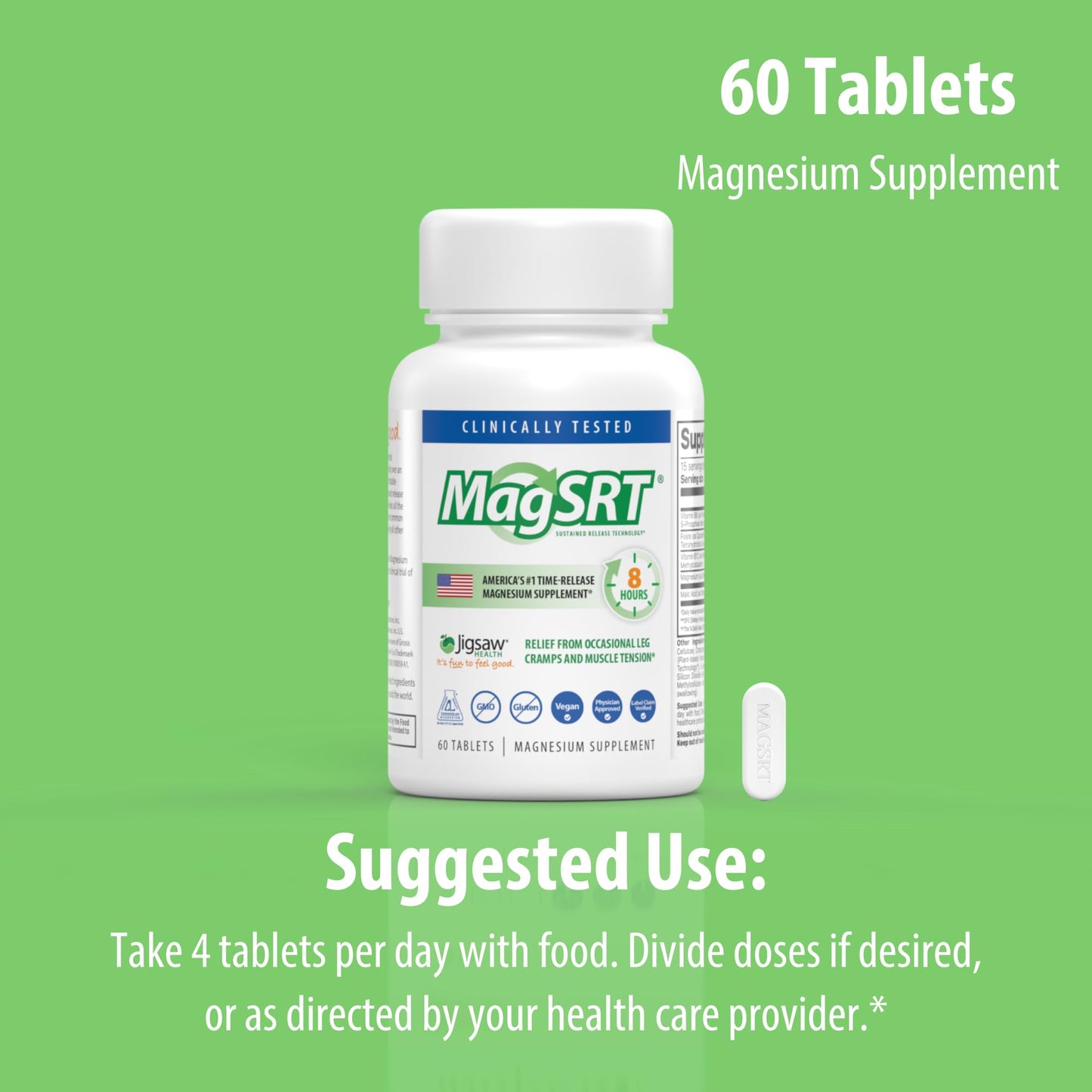 Jigsaw Health MagSRT Magnesium Supplement with Vitamin B6, Folate & B12, 60 Tablets