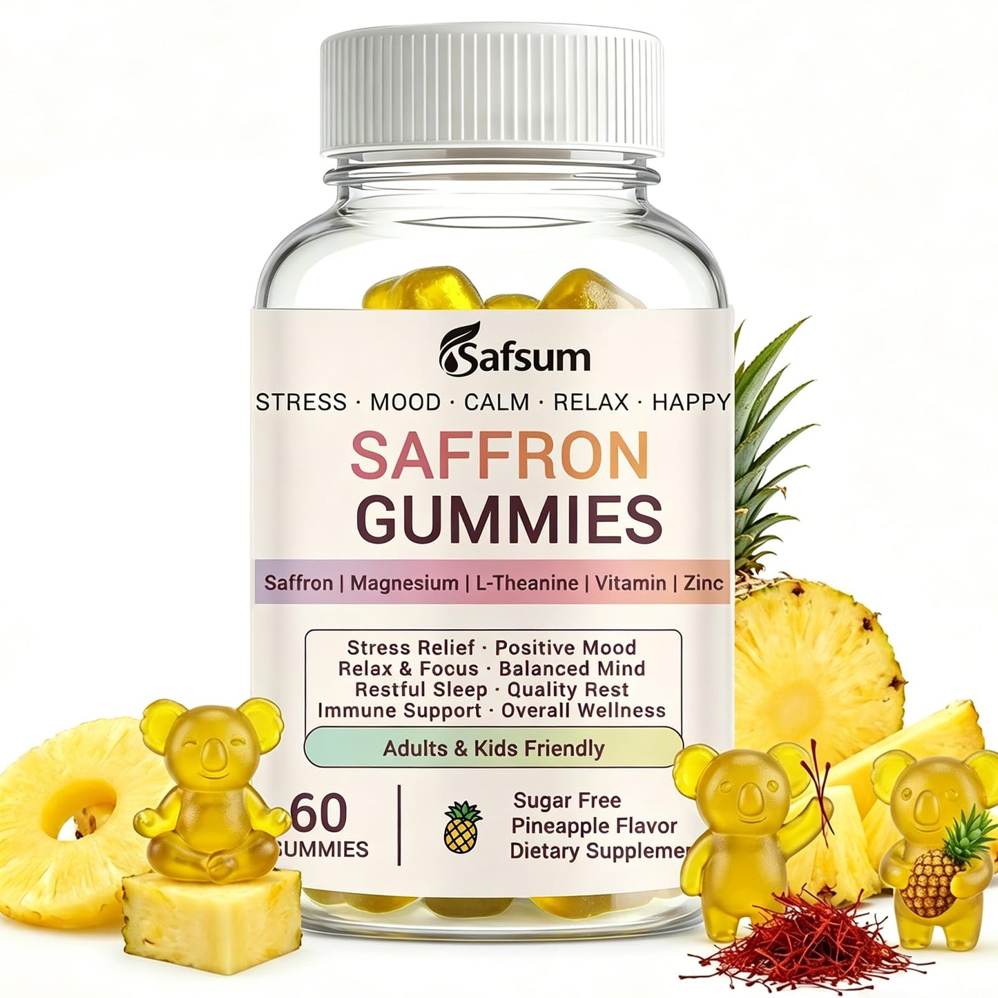 Safsum Saffron Gummies with Magnesium, L-Theanine, Vitamins - Happy Gummies for Stress Relief & Mood Support Saffron Supplements for Adults & Kids, Sugar Free Pineapple Flavor, 60 Gummies