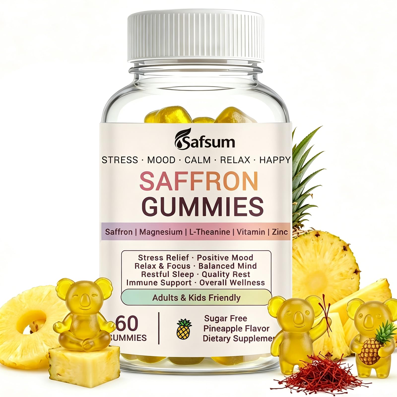Safsum Saffron Gummies with Magnesium, L-Theanine, Vitamins - Happy Gummies for Stress Relief & Mood Support Saffron Supplements for Adults & Kids, Sugar Free Pineapple Flavor, 60 Gummies