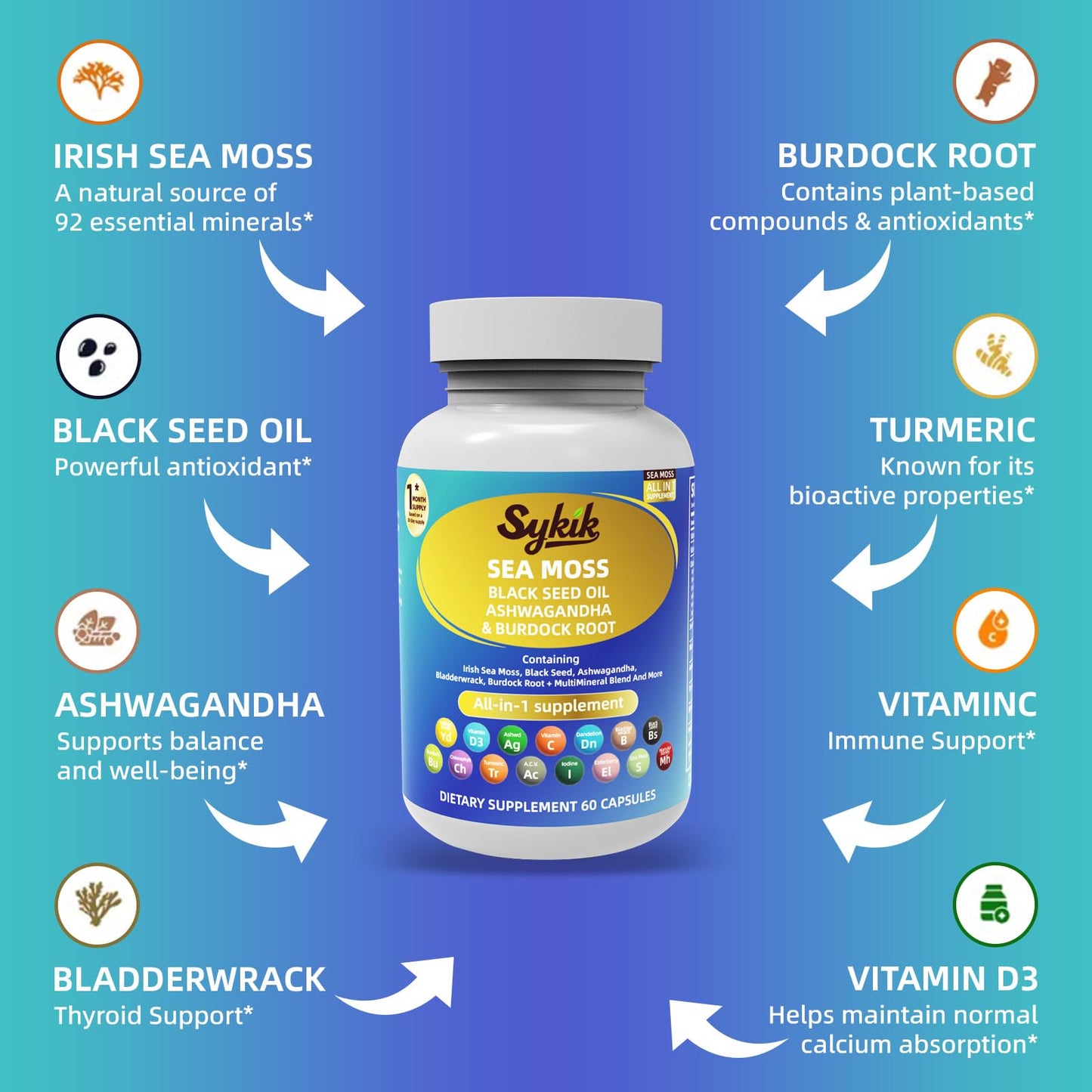 Sykik Sea Moss Black Seed Oil with Ashwagandha, Turmeric, Bladderwrack, Burdock, Vitamins C & D3, Elderberry, Manuka, Dandelion, Yellow Dock, Iodine, Chlorophyll, ACV Capsules 60 Count