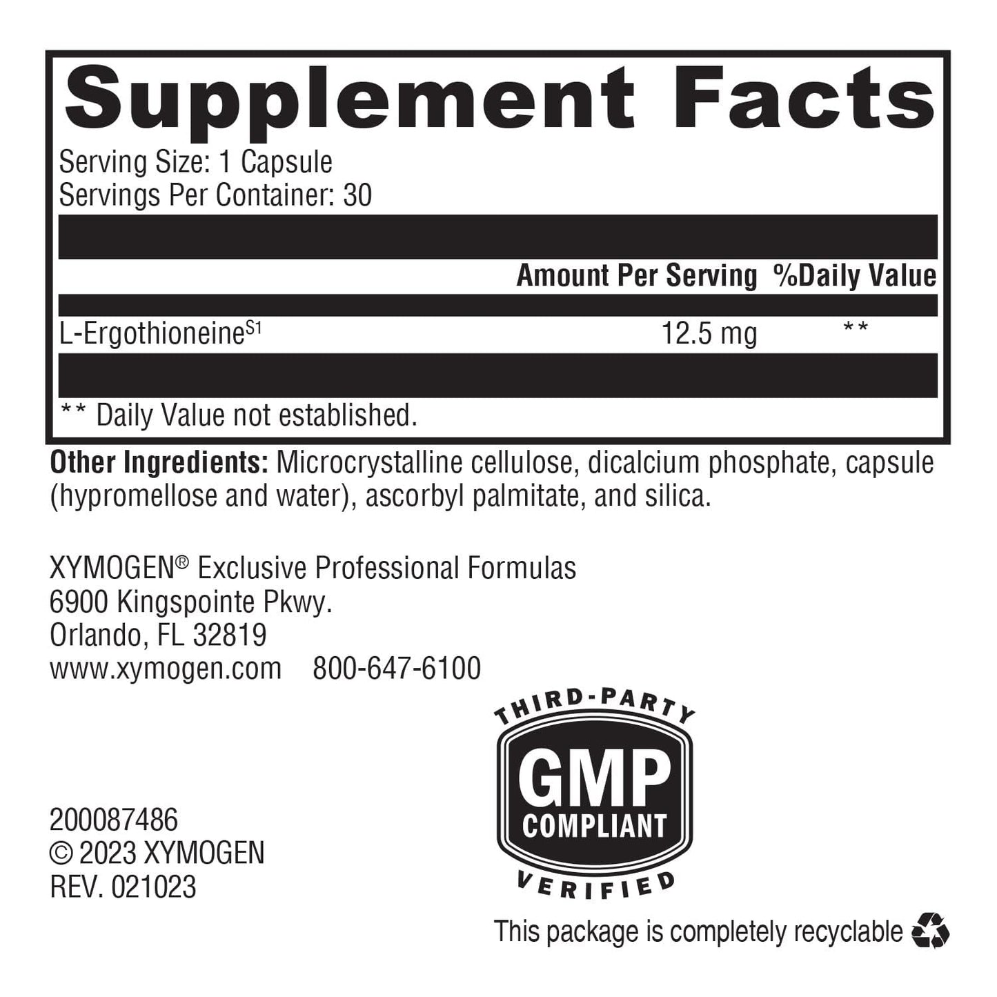 XYMOGEN MitoPrime L-Ergothioneine Supplement - Mitochondrial & Cellular Antioxidant Support Capsules 30