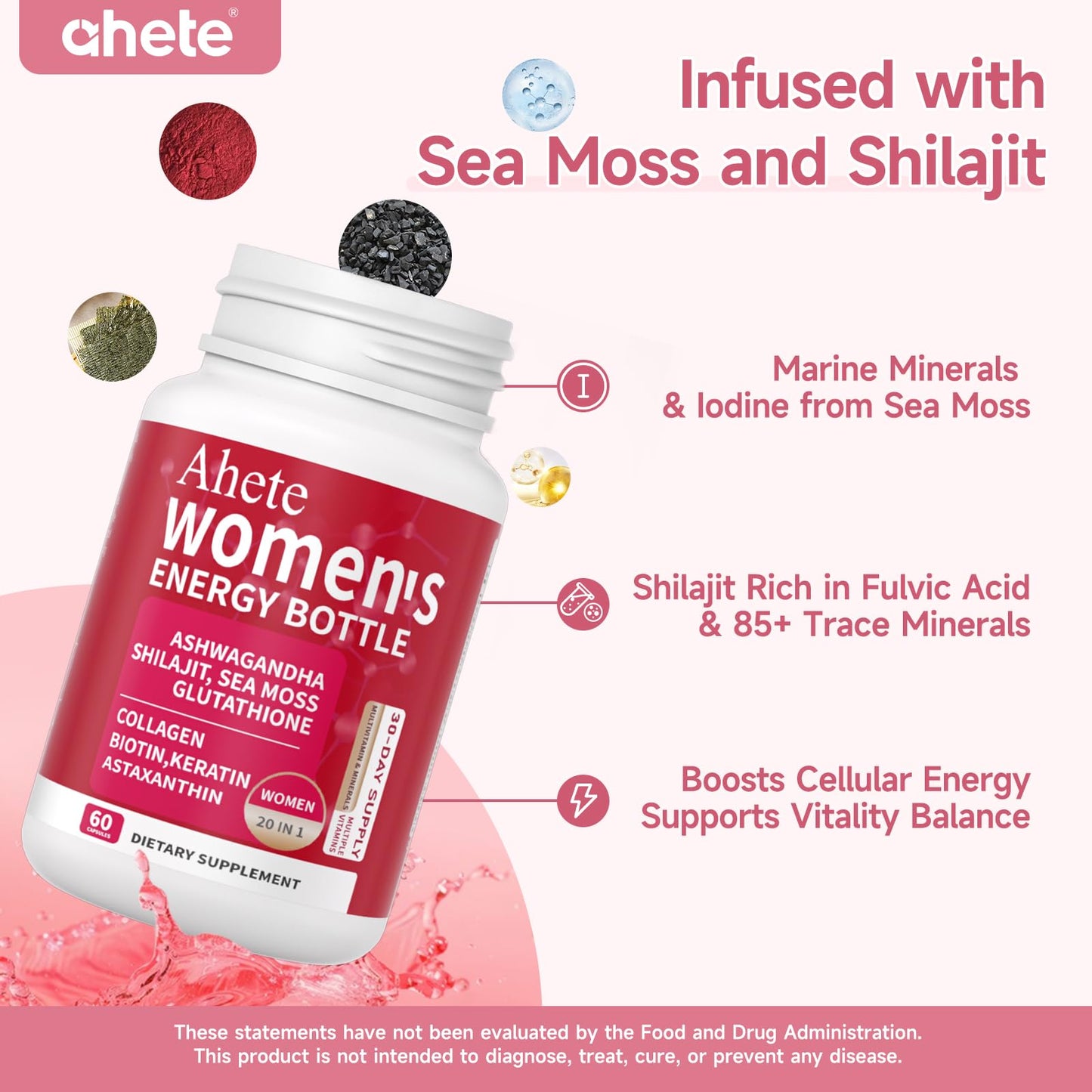 Ahete Multivitamin for Women 20 in 1 Vitamins with Sea Moss, Shilajit, Astaxanthin and Biotin, 60 Capsules