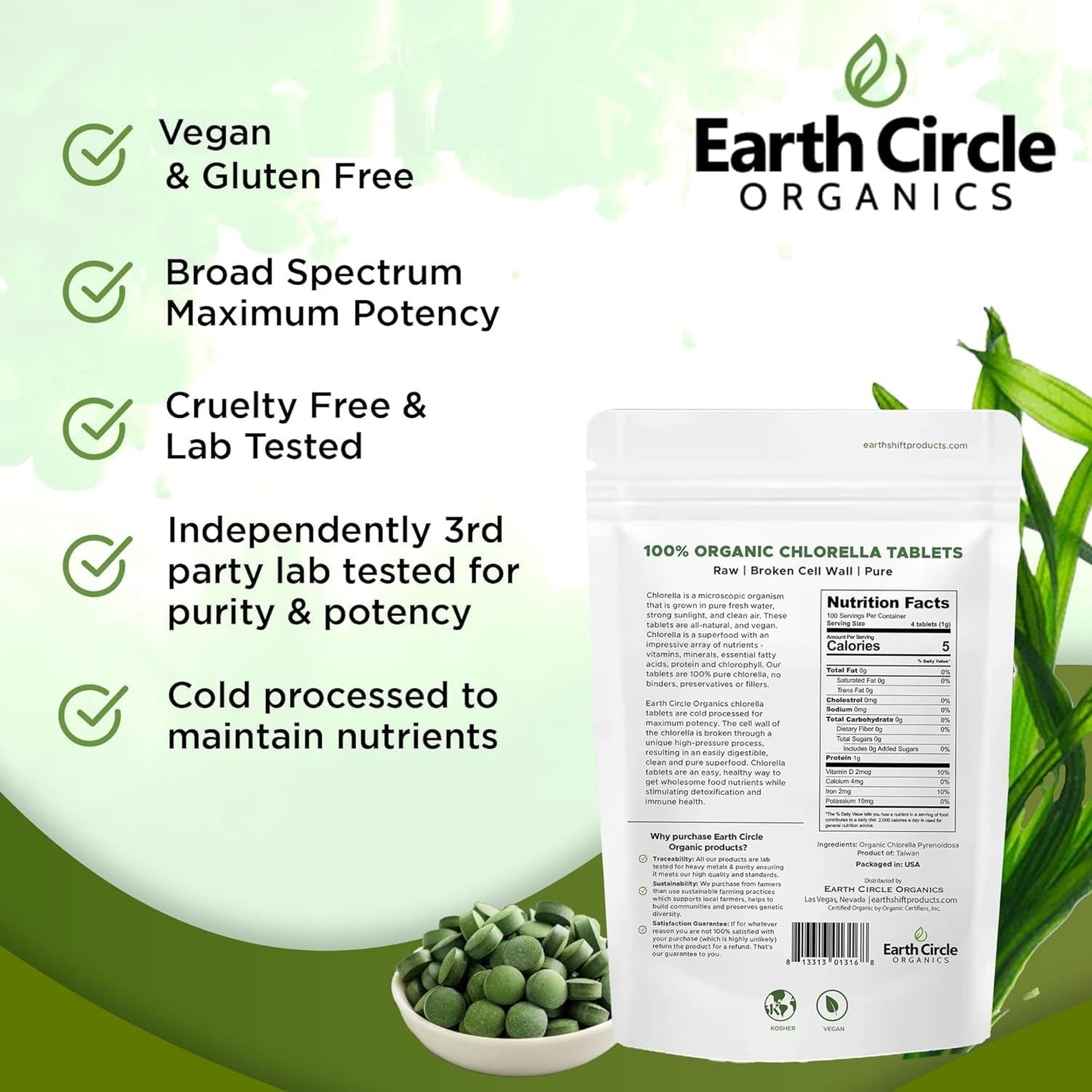 Earth Circle Organics Chlorella Tablets, 400 Count