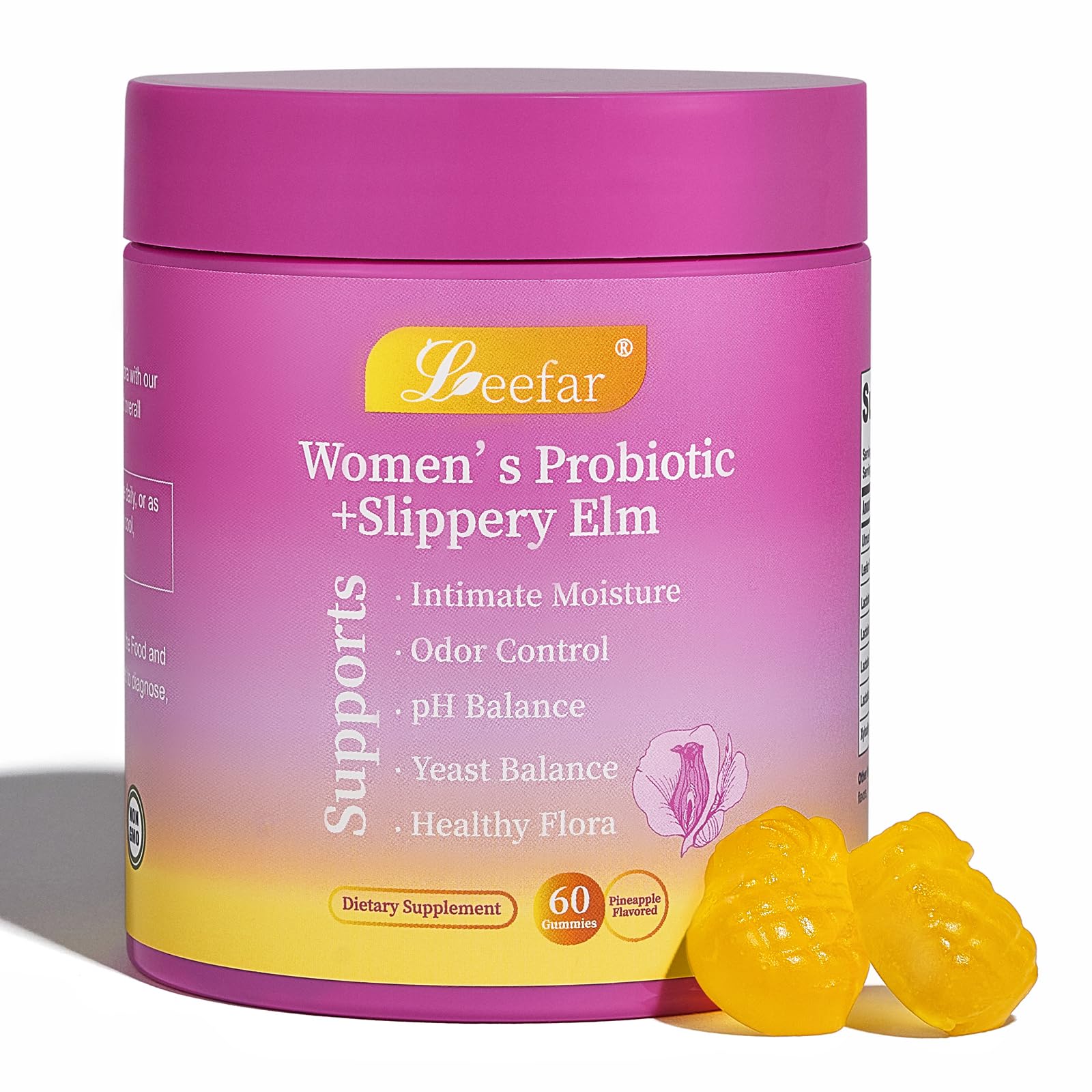 Leefar Women’s Probiotic + Slippery Elm Vaginal Probiotics + Prebiotic Fiber, 5 Billion CFU, Pineapple Flavor, 60 Gummies