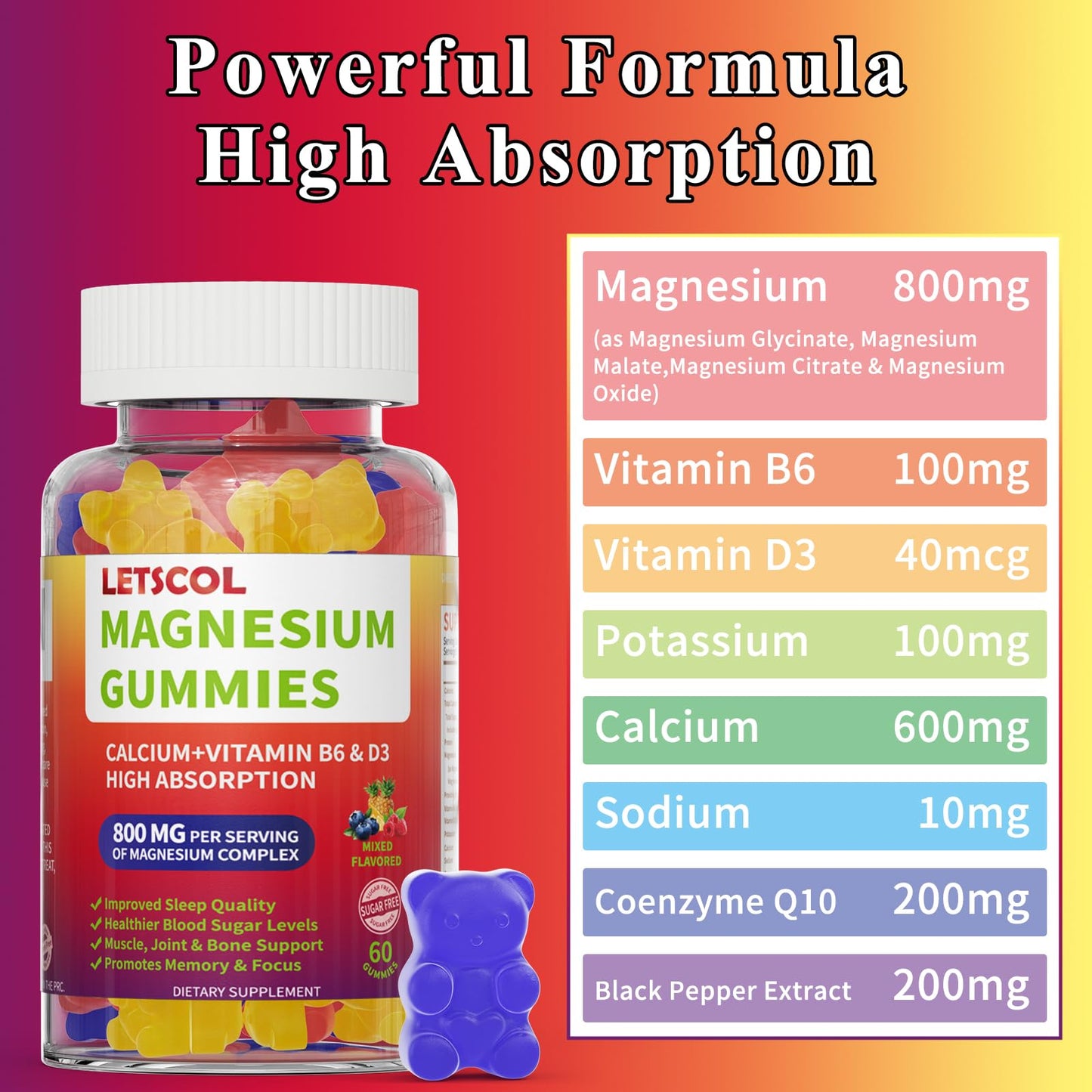 LETSCOL Magnesium Glycinate Gummies, 60 Count