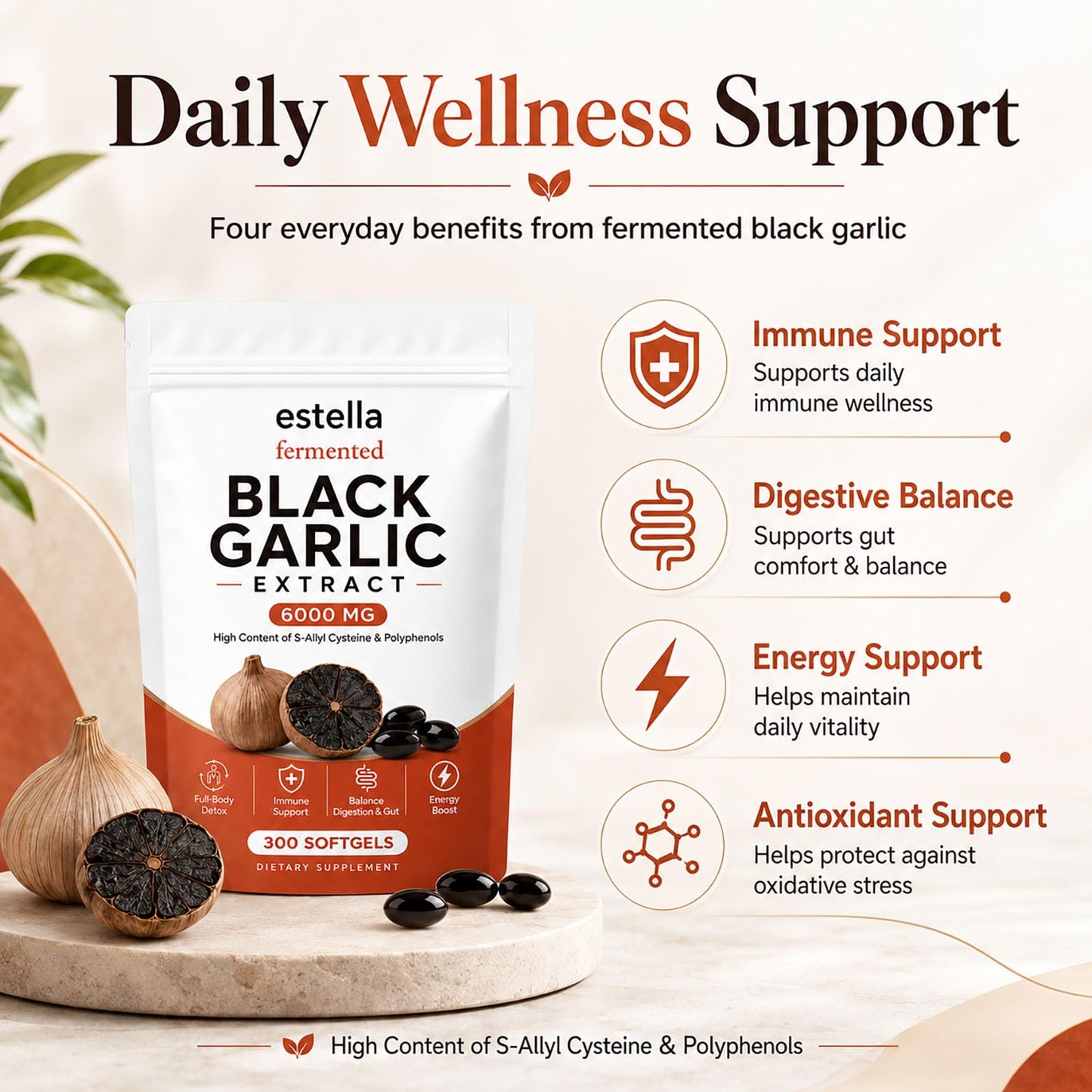 Nitidissima Estella Fermented Black Garlic Extract Tablets, 300 Count