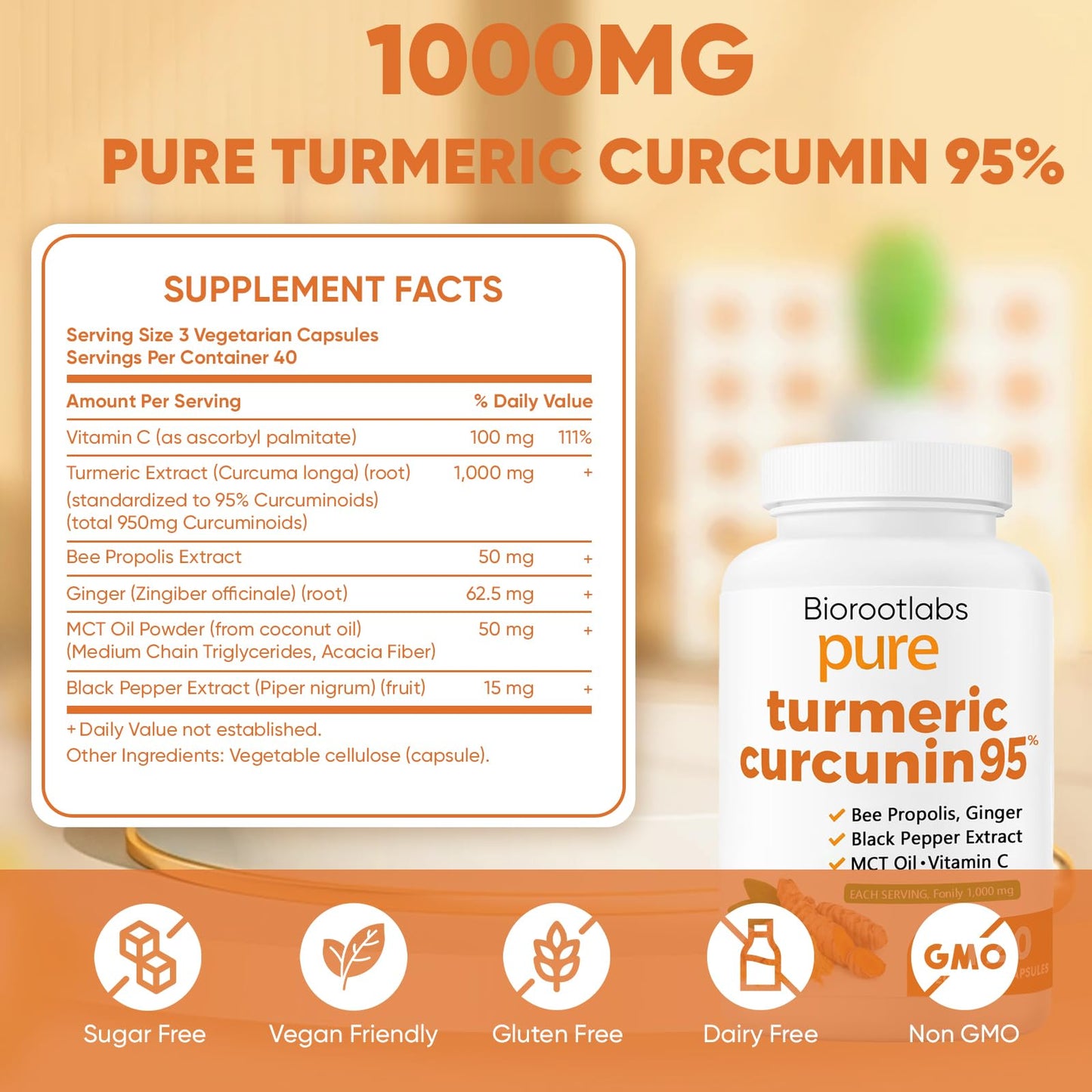 TOGOLIUN Turmeric Curcumin Supplement 1000mg – 95% Curcuminoids with Ginger, Bee Propolis, Black Pepper, MCT Oil – High Absorption Formula for Wellness & Immune Support, 120 Capsules