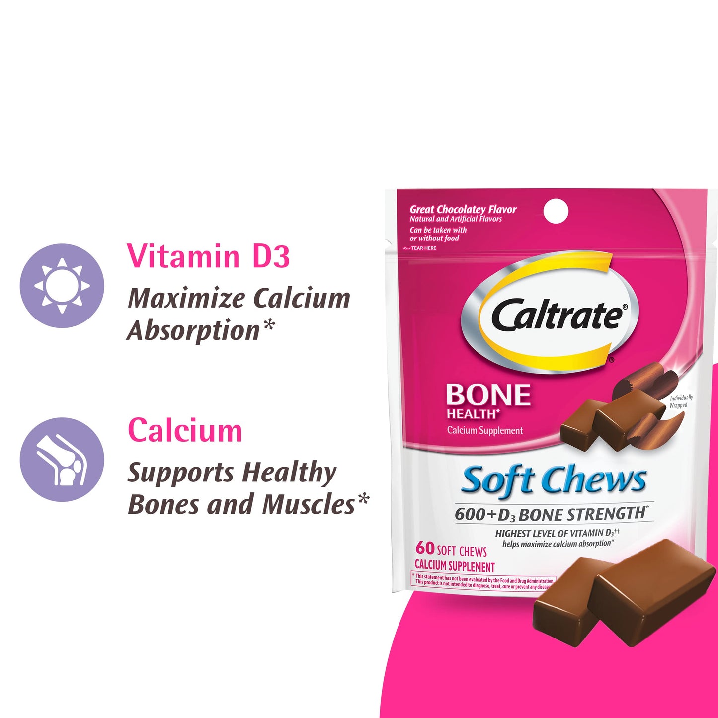 Caltrate Soft Chews 600 Plus D3 Calcium Vitamin D Supplement, Chewable, 60 Count