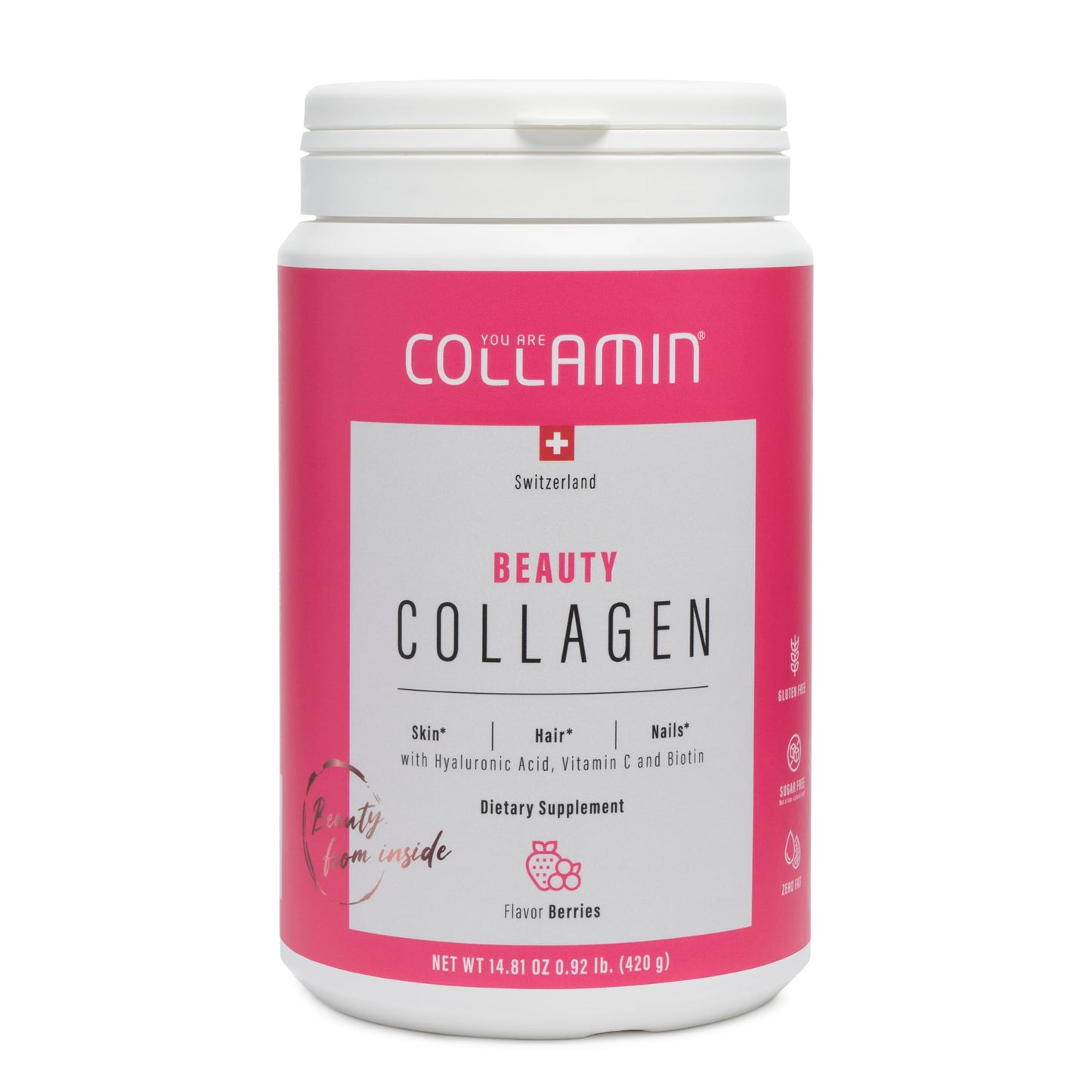 Collamin Hydrolyzed Collagen Peptides Powder from Grass-Fed Swiss Bovine with Hyaluronic Acid, Vitamin C & Biotin – Skin, Hair, Nails, Joints & Immunity Support, 14.81 Ounce