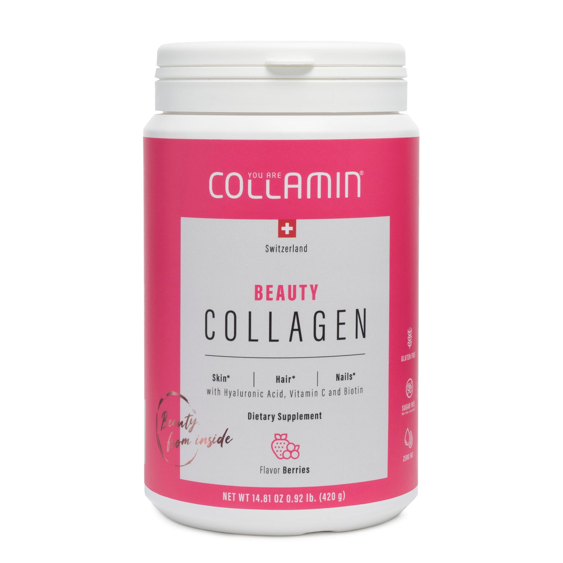 Collamin Hydrolyzed Collagen Peptides Powder from Grass-Fed Swiss Bovine with Hyaluronic Acid, Vitamin C & Biotin – Skin, Hair, Nails, Joints & Immunity Support, 14.81 Ounce