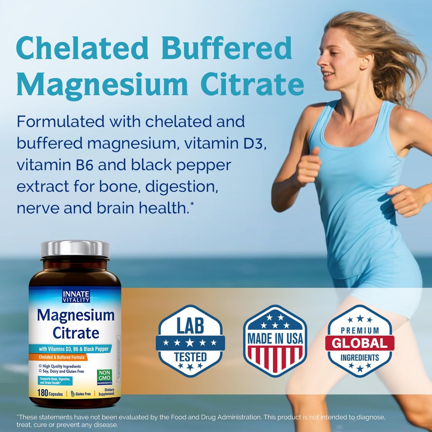 Innate Vitality Magnesium Citrate, Chelated Magnesium Supplement with Vitamin D3, B6, Black Pepper Extract for Enhanced Absorption, Digestion, Bone & Brain Support, 180 Capsules