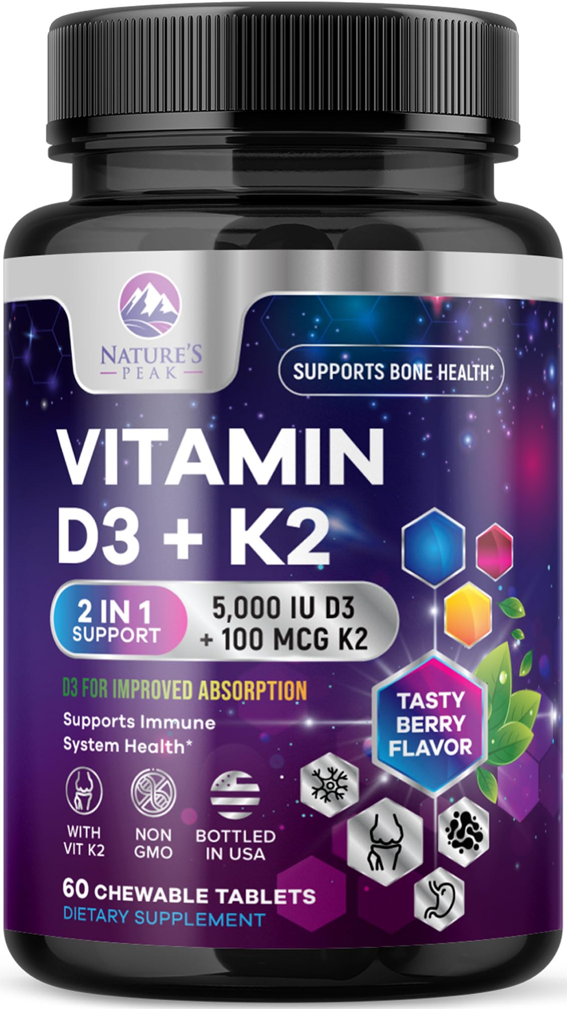 Nature's Peak Vitamin D3 K2 Tablet 5000 IU D3 & 100 mcg K2 MK-7 per Serving, 60 Count