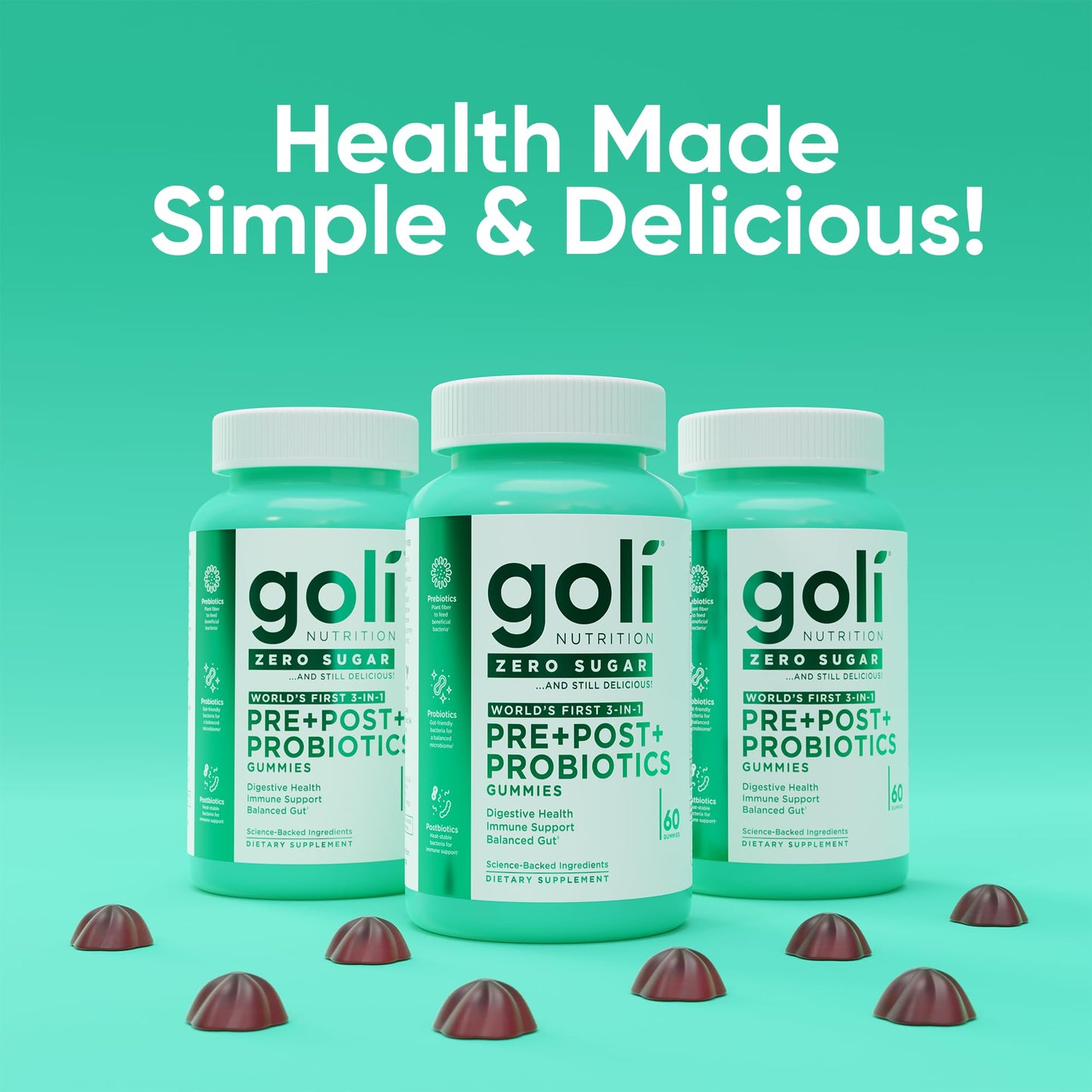 Goli Zero Sugar Pre Pro Postbiotic Gummies, 60 Count