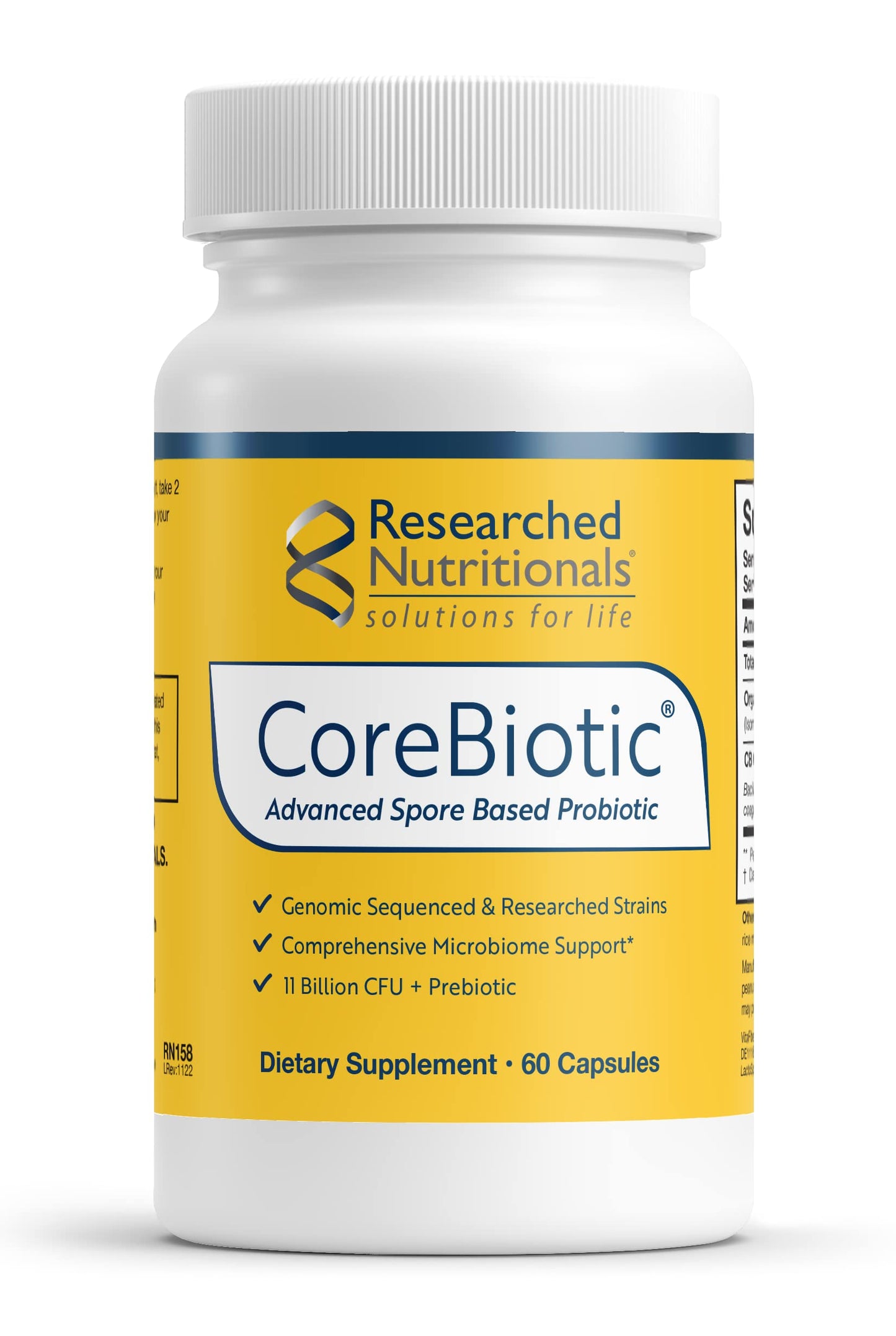 Researched Nutritionals Gut Health Supplements with Prebiotics & Probiotics for Women & Men - CoreBiotic - 3 Spore Based Probiotic Strains + Organic Prebiotic Fiber - Shelf-Stable, 60 Capsules