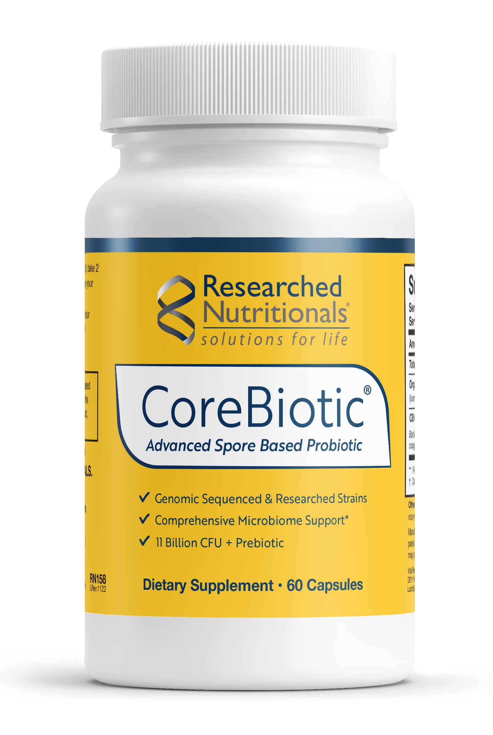 Researched Nutritionals Gut Health Supplements with Prebiotics & Probiotics for Women & Men - CoreBiotic - 3 Spore Based Probiotic Strains + Organic Prebiotic Fiber - Shelf-Stable, 60 Capsules