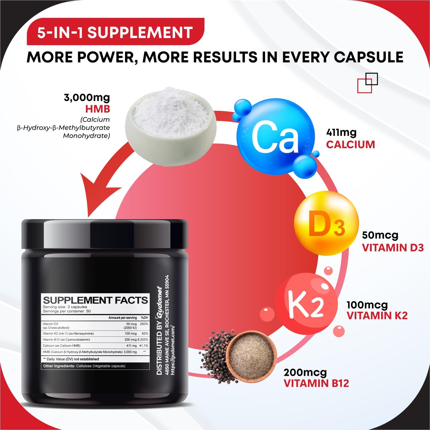 GUDOMET HMB with D3, K2 & B12 – Muscle Health Support Capsules, 150 Capsules