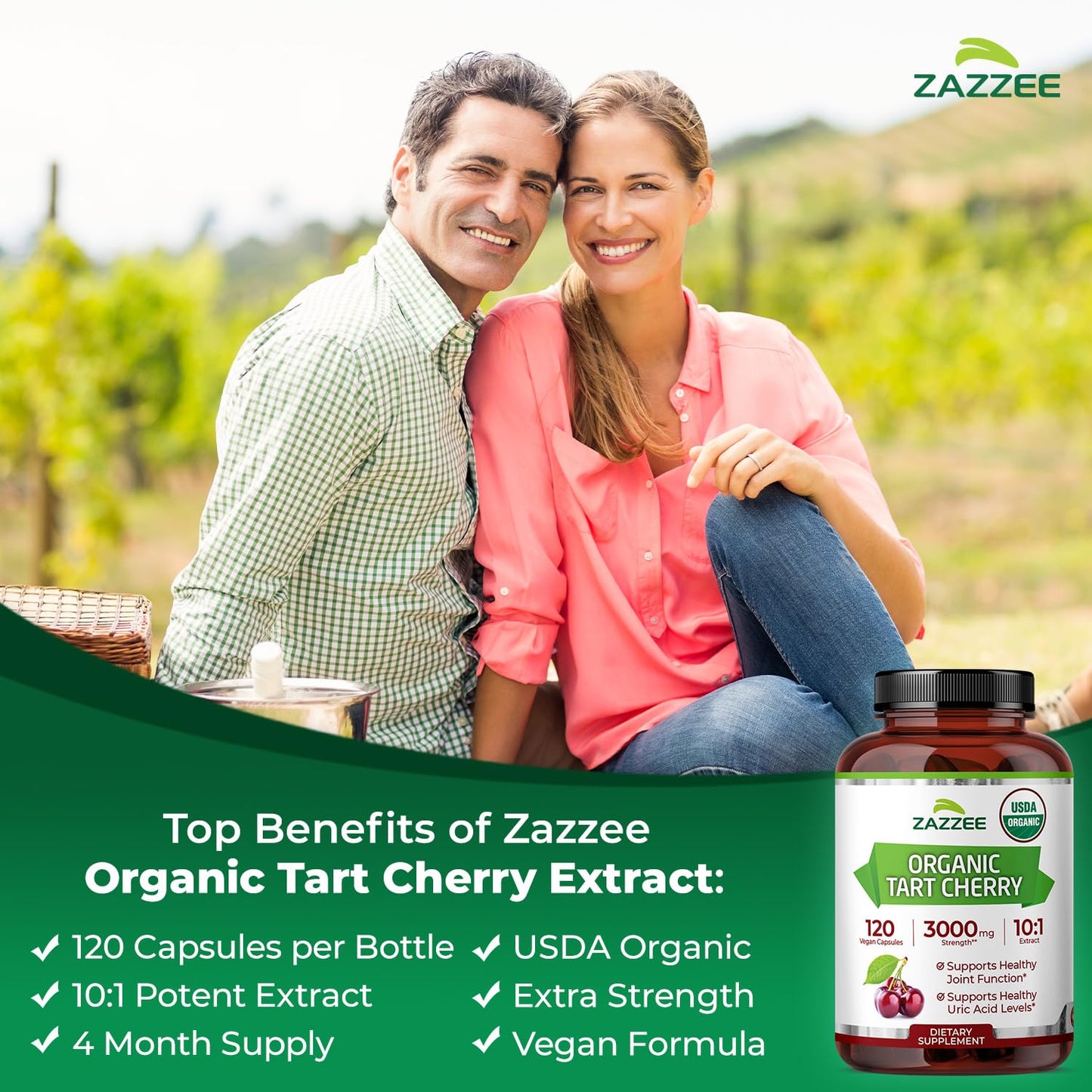 Zazzee USDA Organic Tart Cherry 10:1 Extract Capsule, 120 Capsules