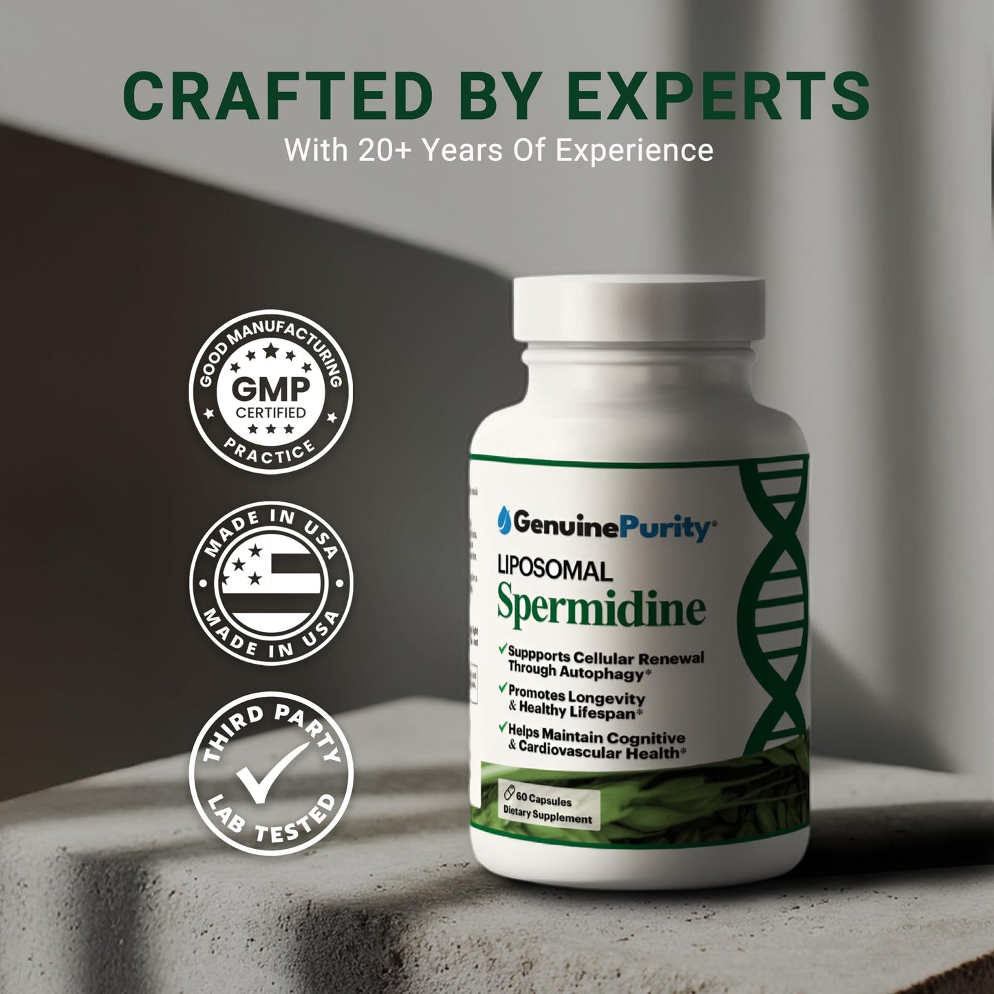 GenuinePurity Liposomal Spermidine 8mg Supplement, 60 Capsules for Cellular Renewal and Healthy Aging, Spermidine-Rich Wheat Germ Extract for Women and Men, Gluten Free, Vegan, Made in USA, Non-GMO