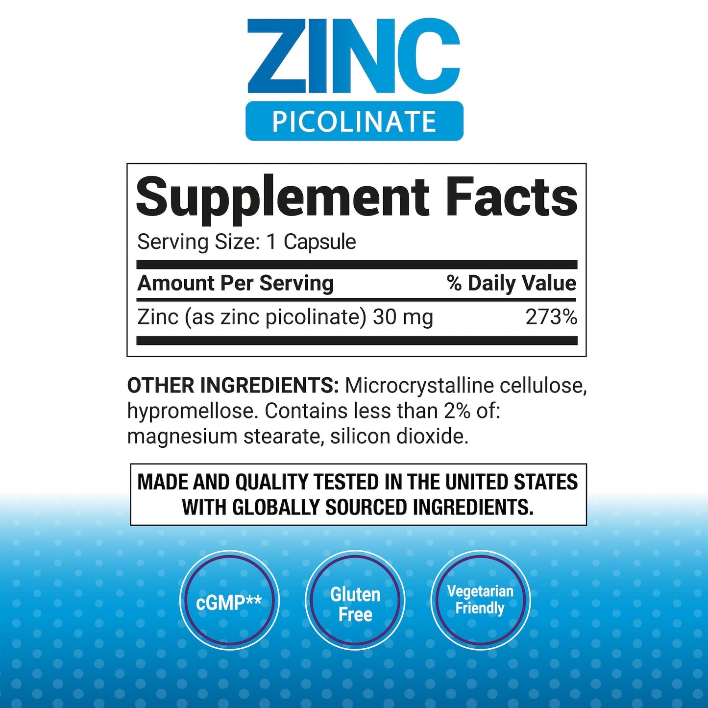 P Puregen Labs Zinc Picolinate 30mg Capsules 60 Count